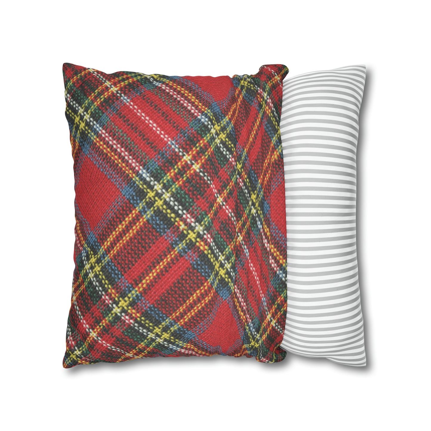 An American made Printify red and white plaid throw pillow case that is easy-care. Available in 3 sizes, this square pillow case is made of polyester.