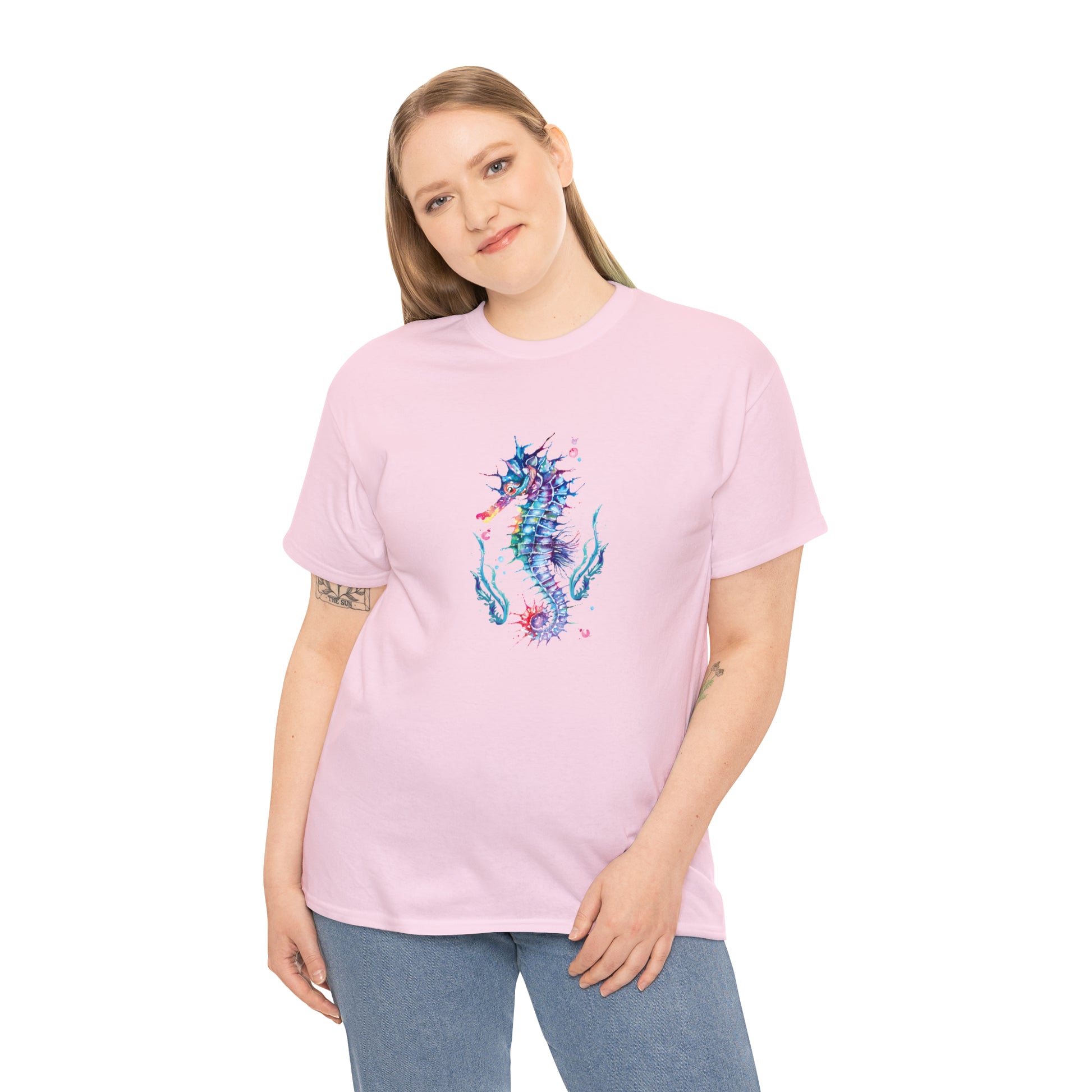 Mock up of a blonde-haired woman wearing the Pink shirt