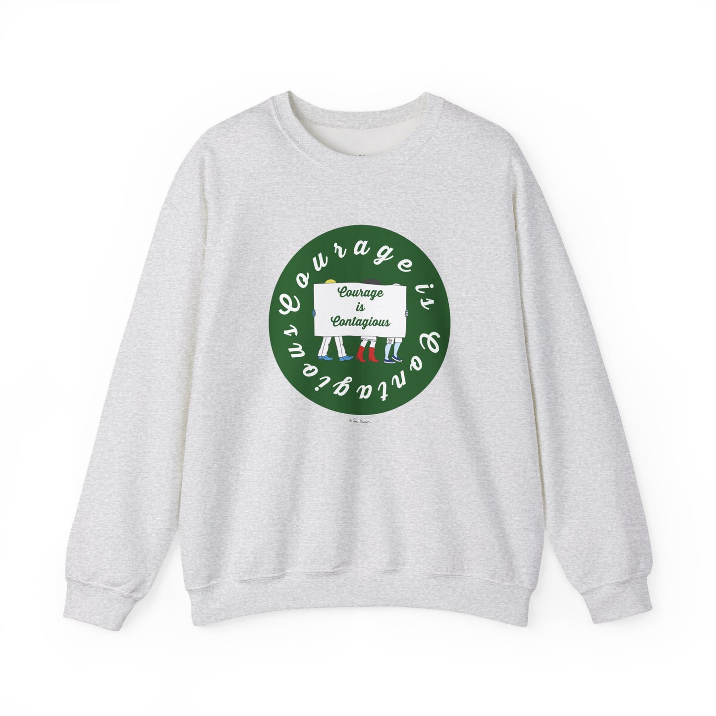 The Unisex Crewneck Sweatshirt: Courage is Contagious | Protest by Printify features a green circular design, "Courage is Contagious" text, and white/red striped figures—a stylish, inspirational choice for all.