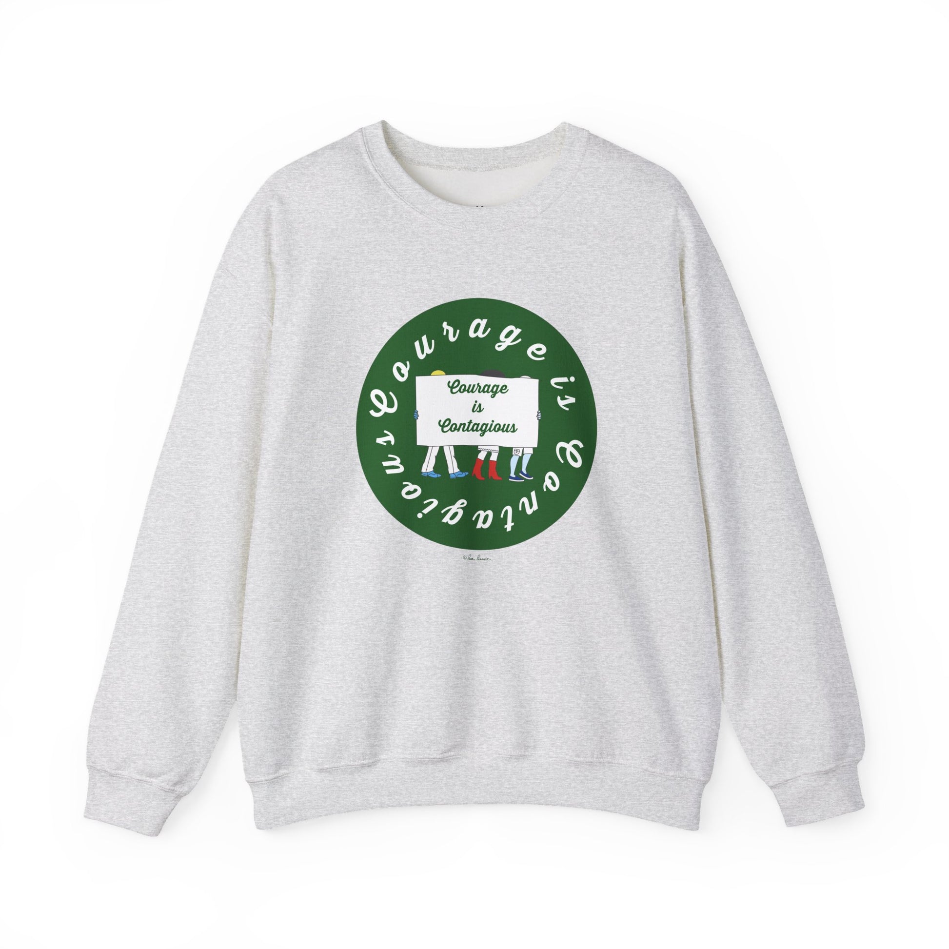 The Unisex Crewneck Sweatshirt: Courage is Contagious | Protest by Printify features a green circular design, "Courage is Contagious" text, and white/red striped figures—a stylish, inspirational choice for all.