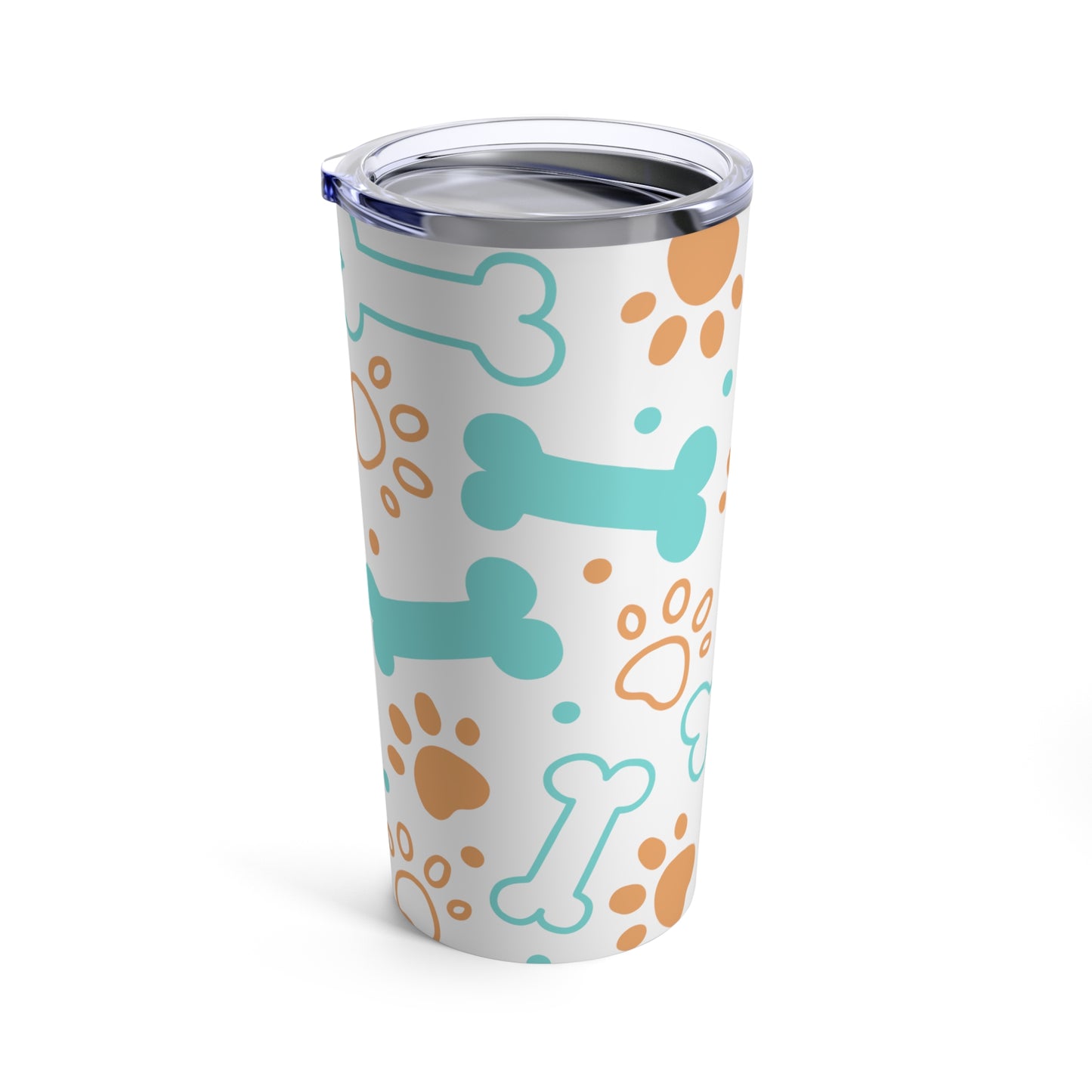 A Printify Dog Lover Tumbler: 20 oz. Stainless steel; Insulated with paw prints and dog paws on it, perfect for a Dog Lover.