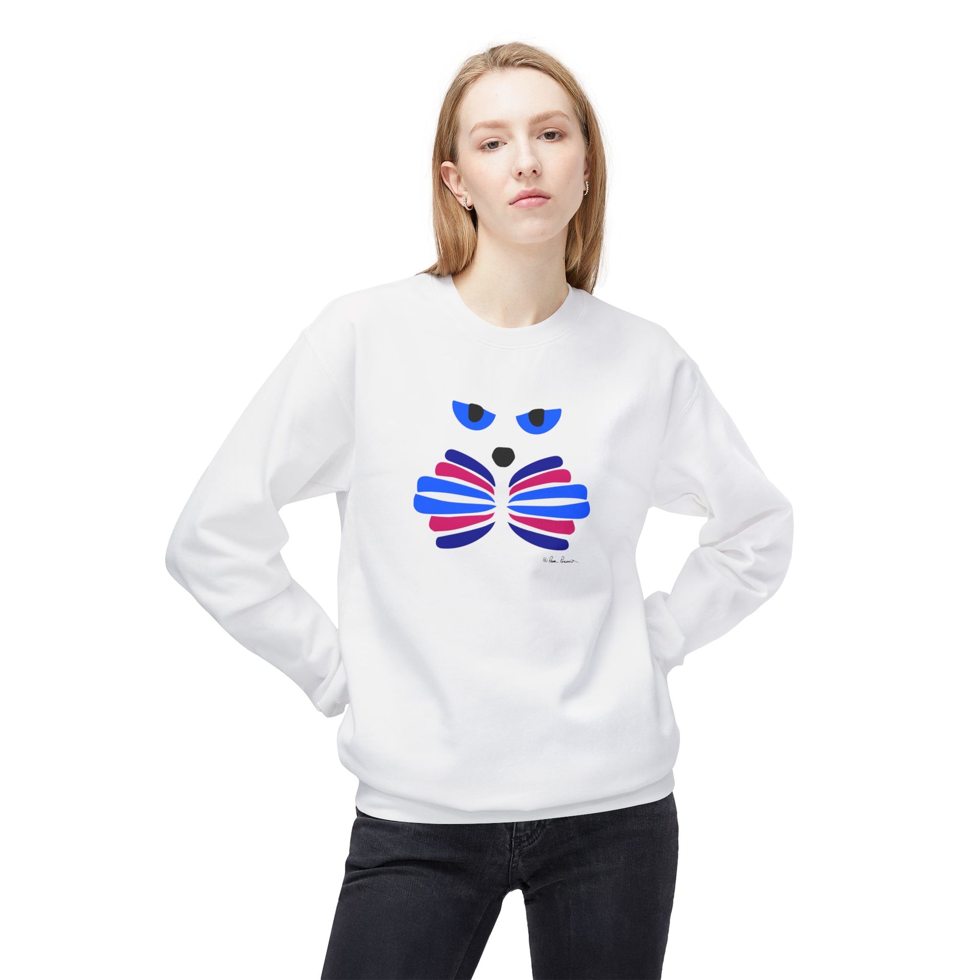 Wearing the Printify Cat Face Crewneck Sweatshirt: Abstract Red & Blue Kitty, featuring a cozy cotton blend and a bold stylized cat face graphic in red and blue, a person stands confidently with hands on hips.