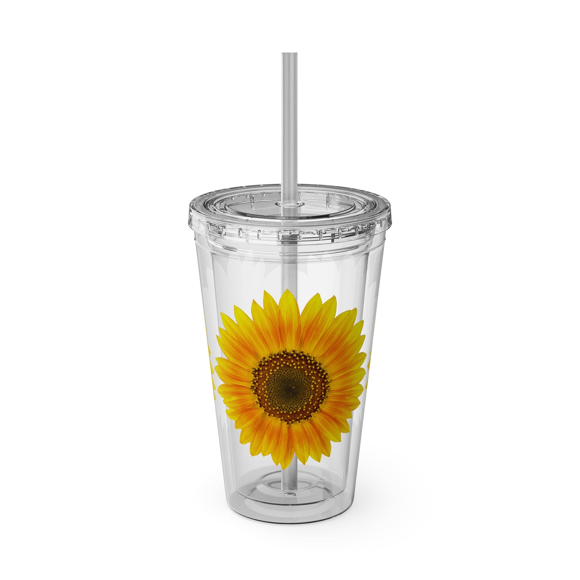 A Printify Golden Sunflower Tumbler with straw and a sunflower.