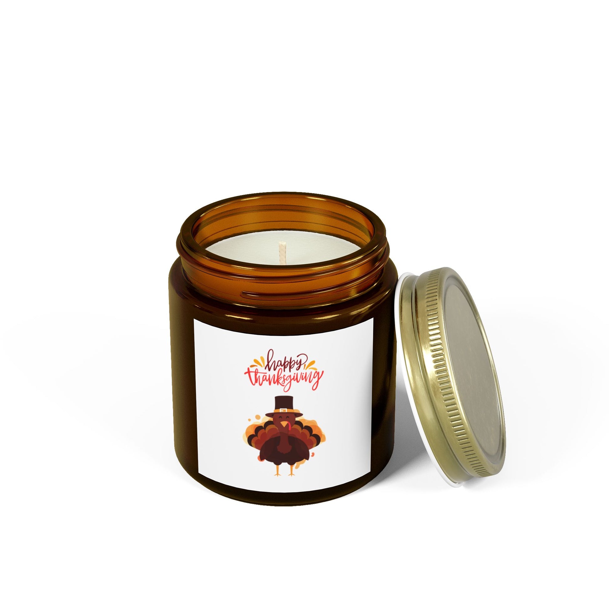 The Printify Thanksgiving Scented Candle is a 4 oz. brown glass jar with a gold lid and turkey label, featuring "Happy Thanksgiving." Made from eco-friendly Coconut Apricot Wax for a clean, festive burn lasting up to 20 hours.