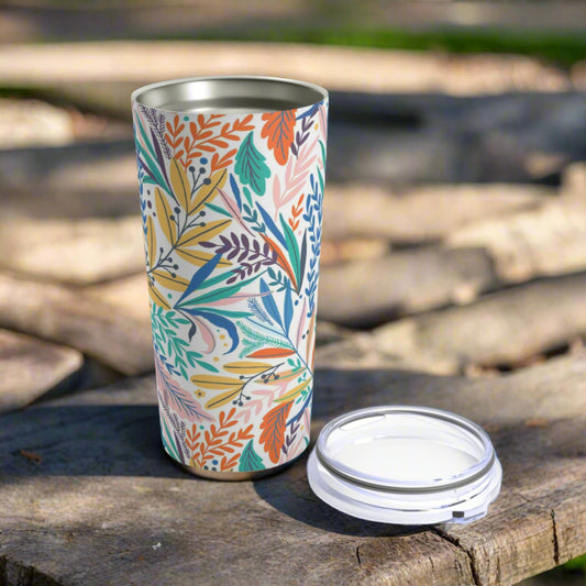 A colorful Printify insulated tumbler with a lid, dishwasher safe.