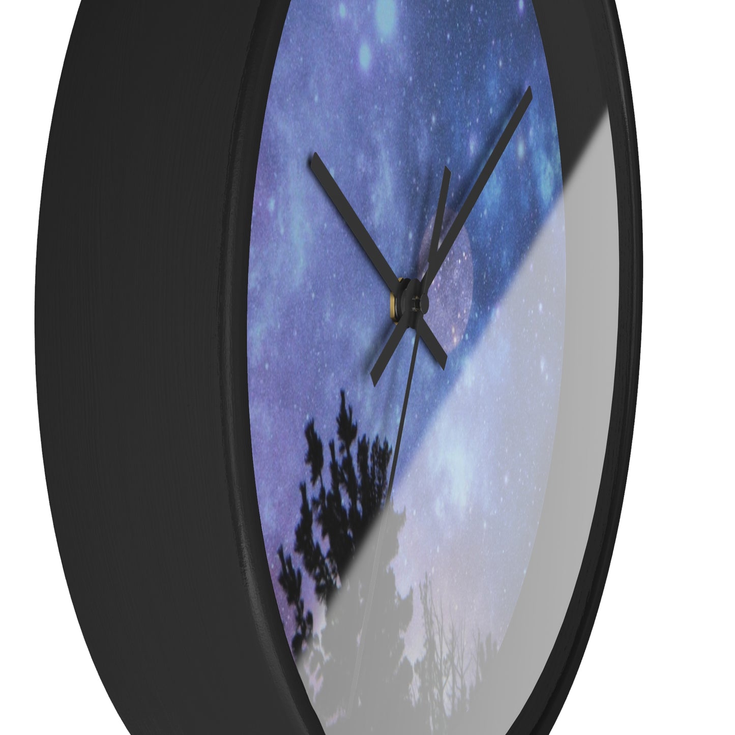 An American made Blue-Moon Wall Clock with a starry night sky and tree silhouettes printed on its face by Printify.