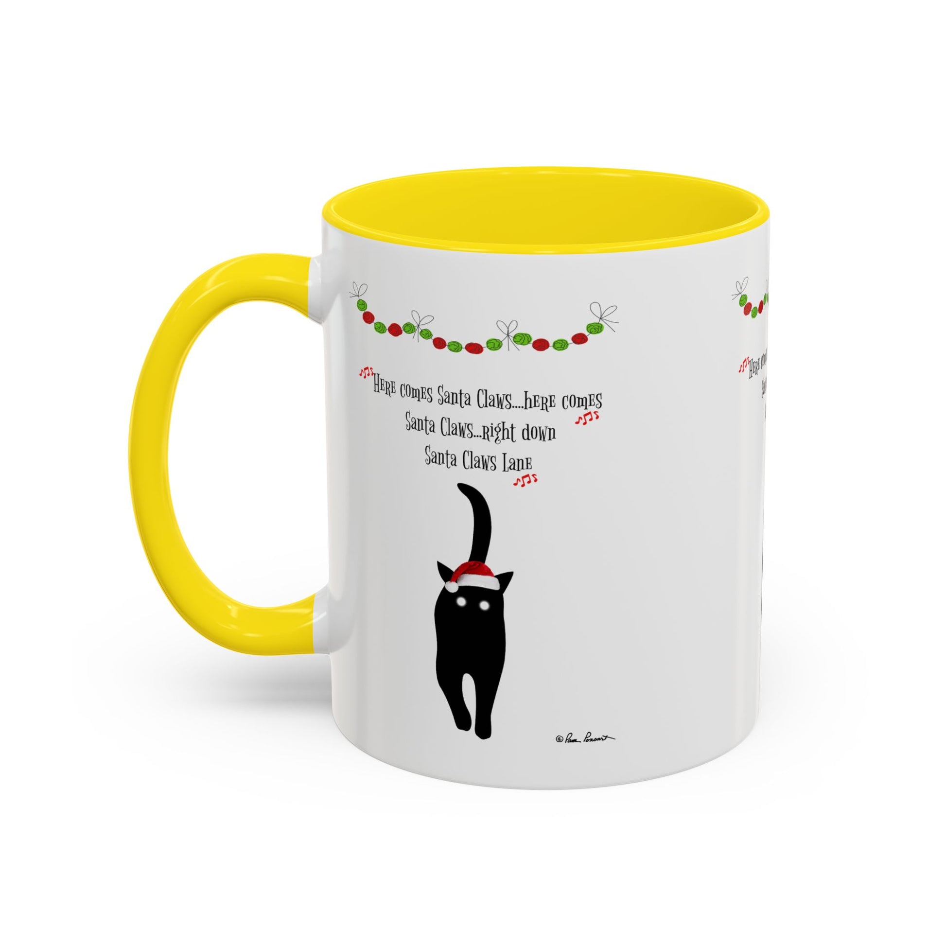 The Festive-Cat Accent Coffee Mug by Printify features a black cat in a Santa hat with holiday garland on a white mug with yellow handle/interior, plus "Here comes Santa Claus" text—perfect for cat lovers this season.
