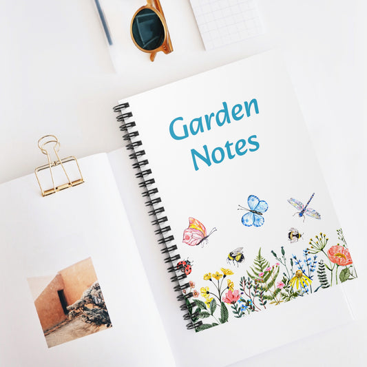 A unique gift, the Printify Nature's Garden Notebook: 6" x 8"; Spiral bound; Ruled lines with the words "Garden Notes" on it.