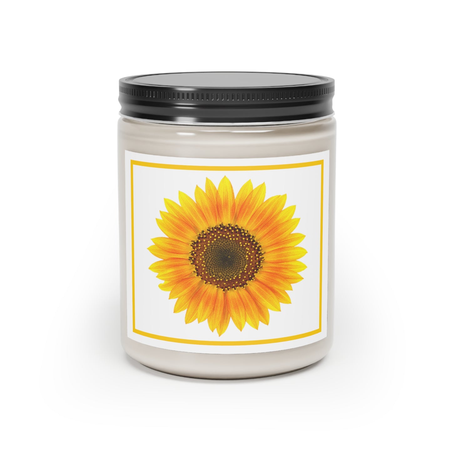 Yellow Sunflower-themed Candle: 9 oz.; Scented; Hand-poured