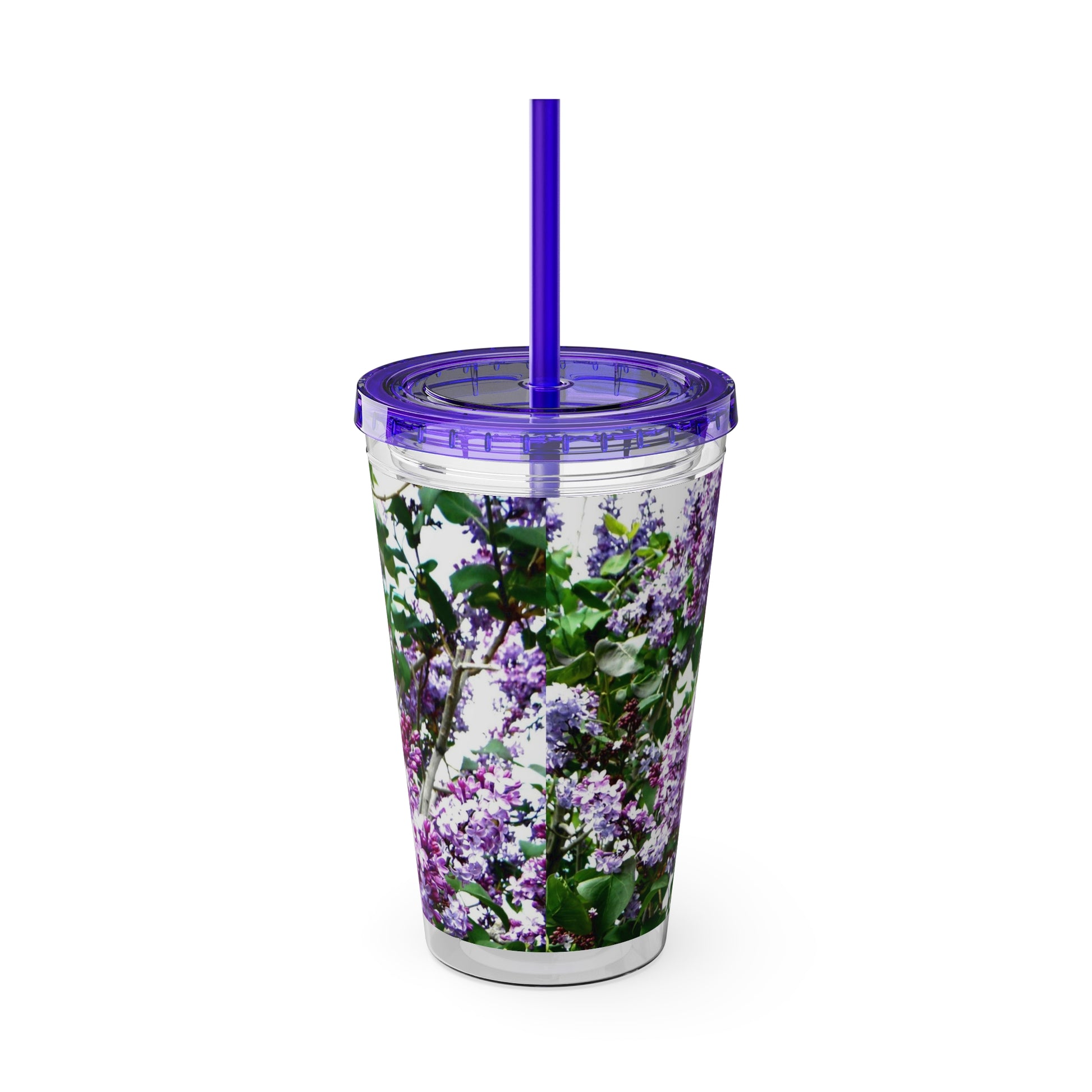 A Purple Lilacs tumbler with purple flowers and a purple straw by Printify.