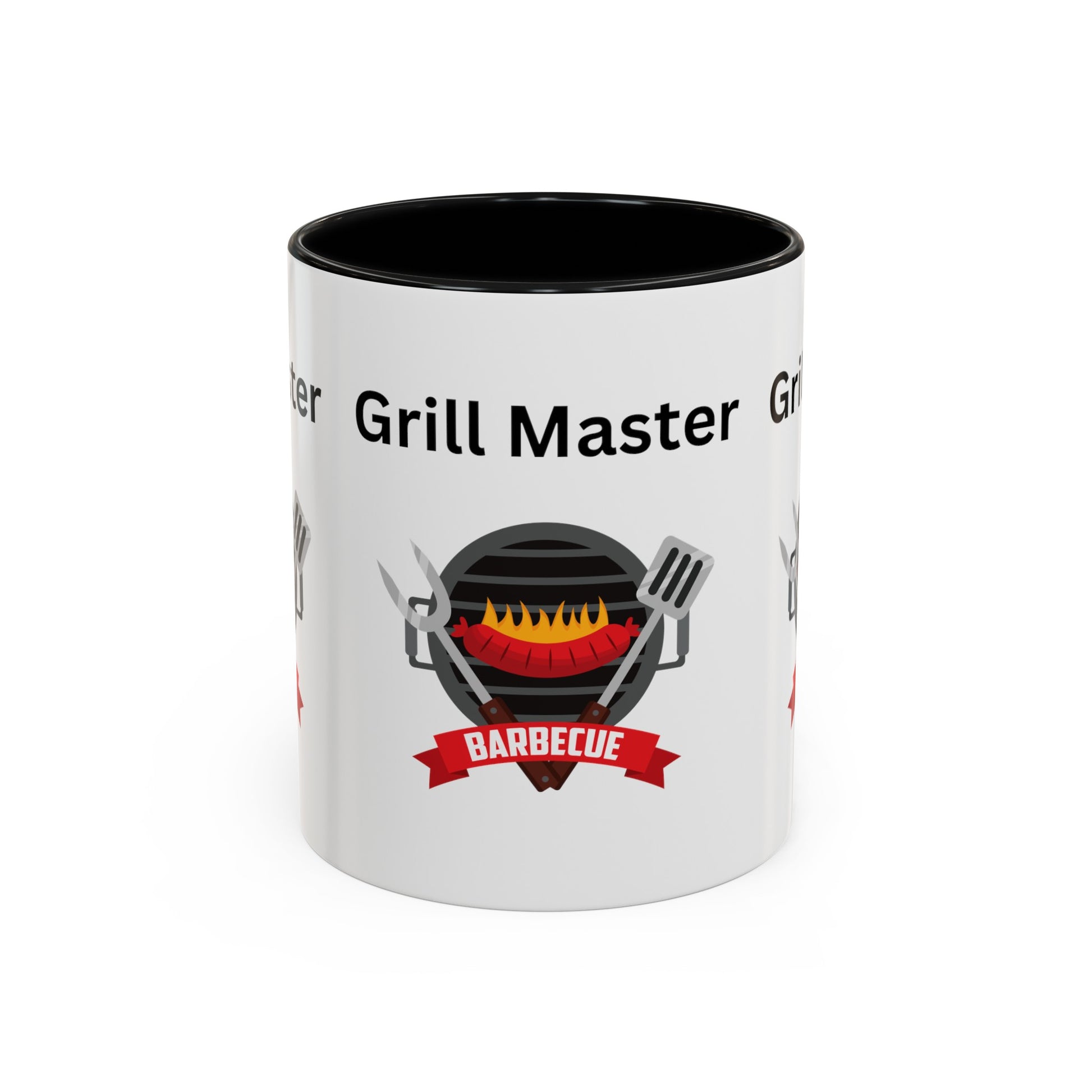 A white ceramic mug with black trim featuring the text "Grill Master" and an illustration of a grill with utensils, complete with a red ribbon that says "Barbecue." This custom Grill Master Mug: Unisex; 11 oz; Ceramic; Graphics; Accented by Printify is perfect for any barbecue enthusiast.