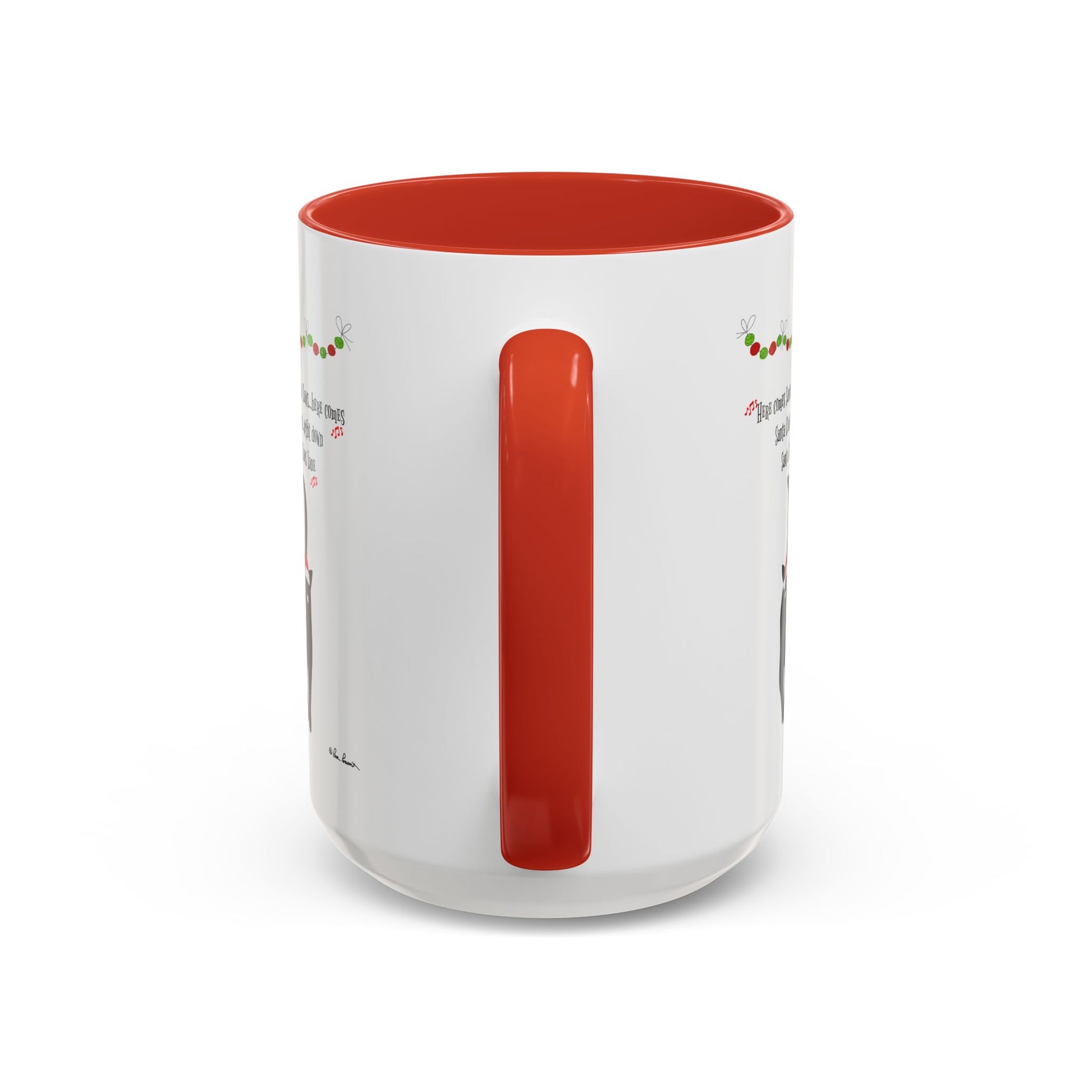 The Festive-Cat Accent Coffee Mug by Printify is a white ceramic holiday mug for cat lovers, featuring a red handle and interior, with partial festive cat-themed text and graphics visible on the sides.