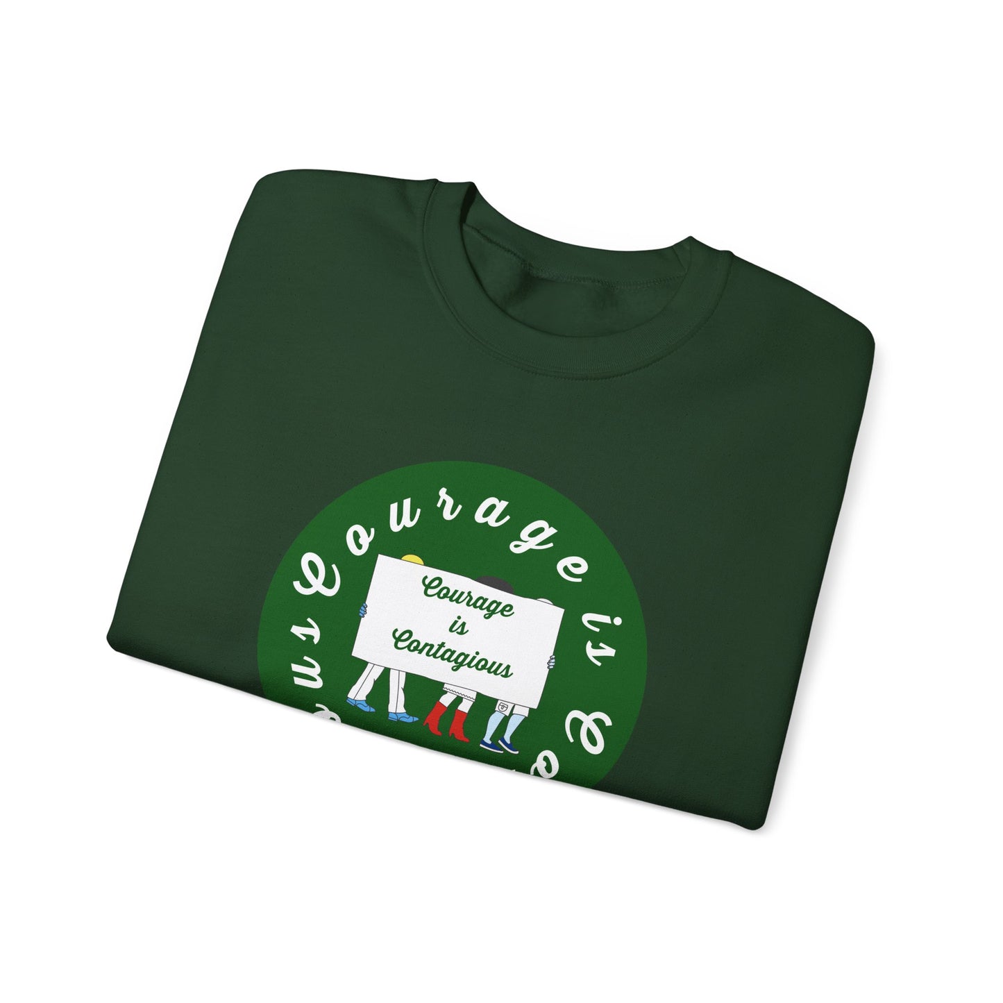 The Printify “Unisex Crewneck Sweatshirt: Courage is Contagious | Protest” features a folded dark green design with people holding a “Courage is Contagious” sign in a circular graphic—an inspiring clothing choice.