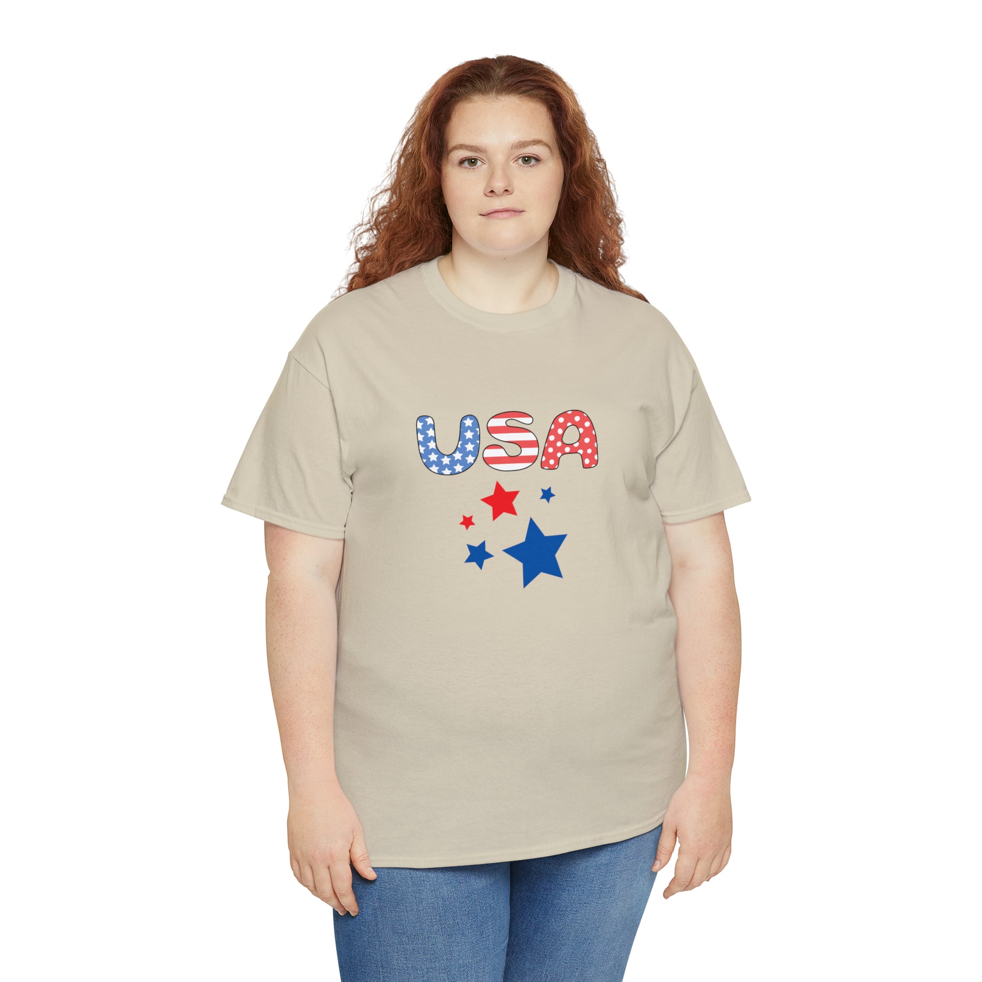 Mock up of a plus-size, red-haired, woman wearing the Sand t-shirt