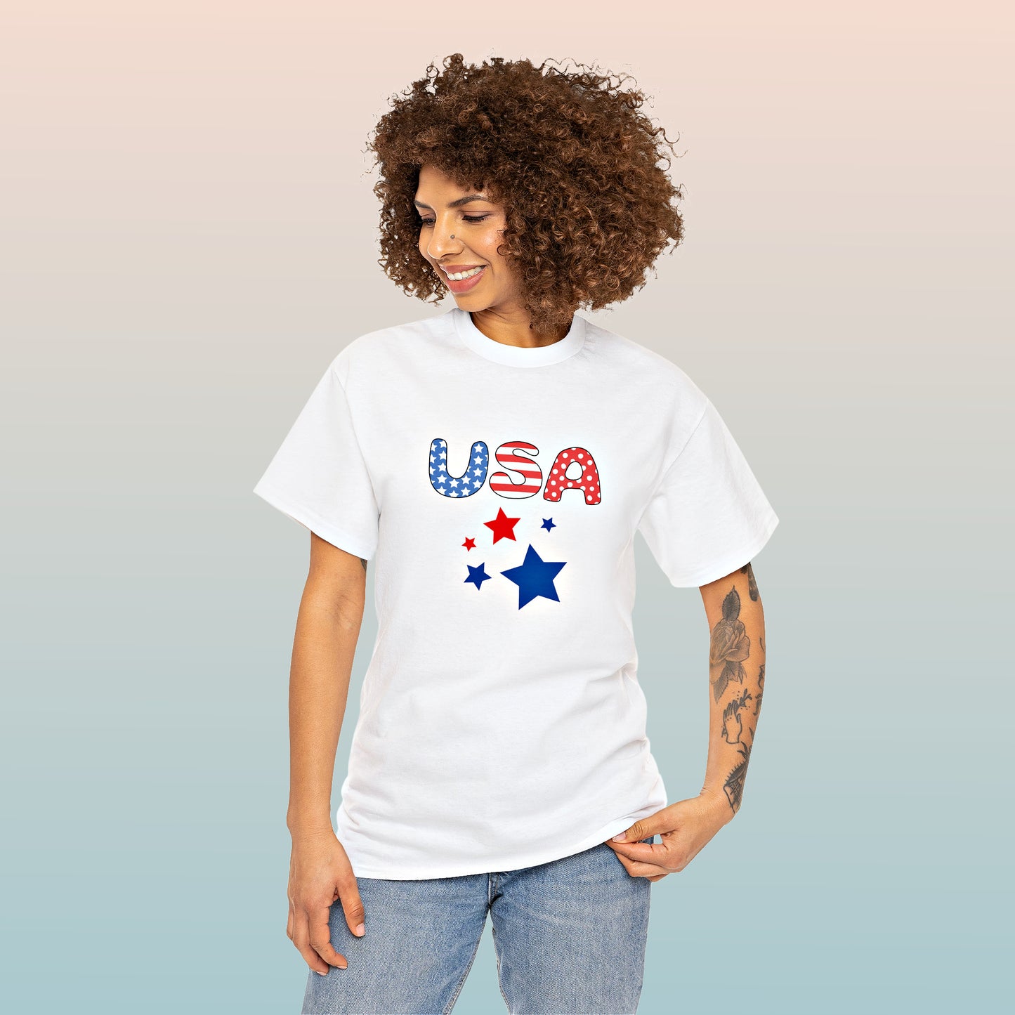 Mock up of a dark haired, slim woman, wearing the White t-shirt