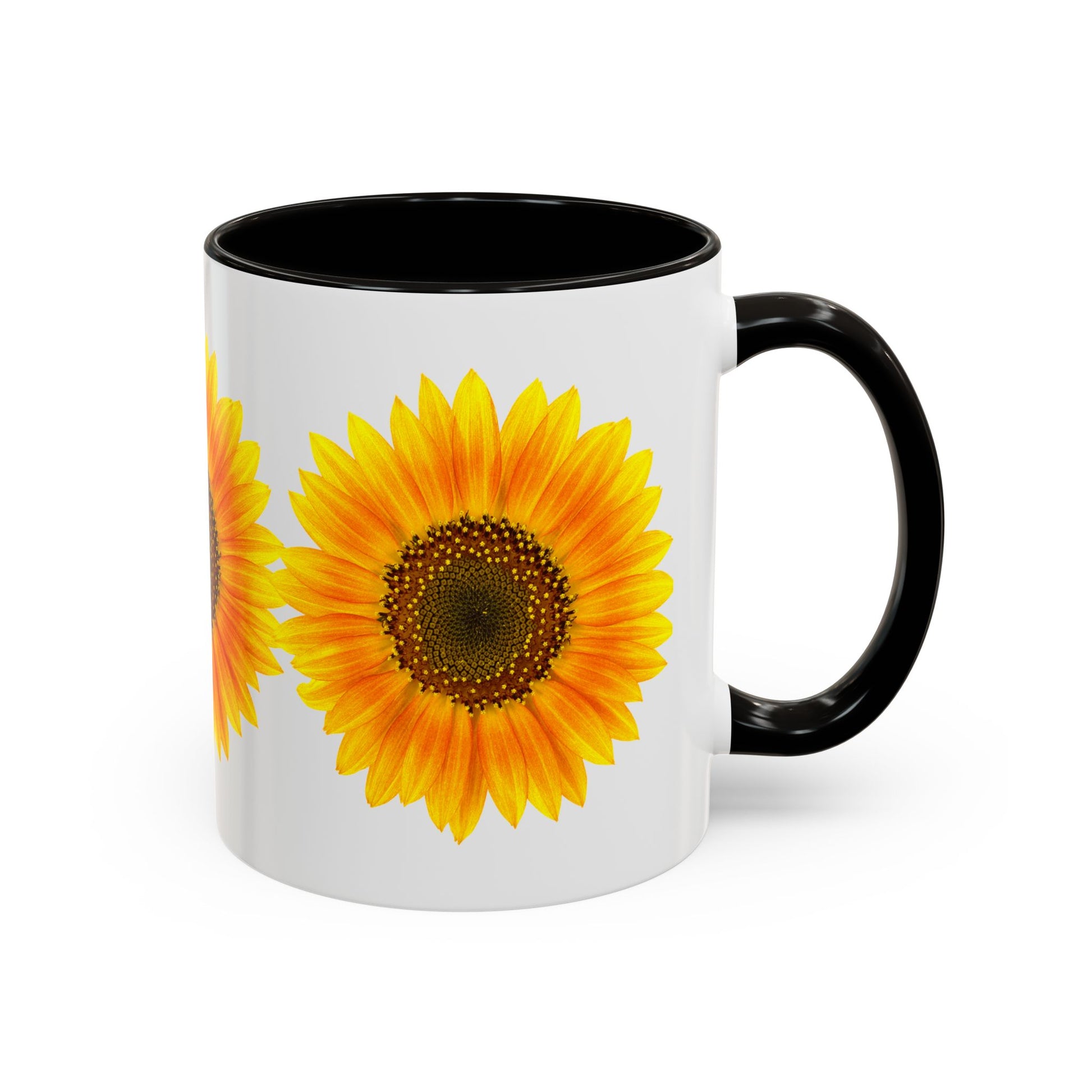 The Printify Sunflower Coffee Mug: Bright Floral | 11oz is a white ceramic cup with a black handle, ORCA coated for durability, and adorned with a vibrant yellow sunflower—perfect for your morning coffee.