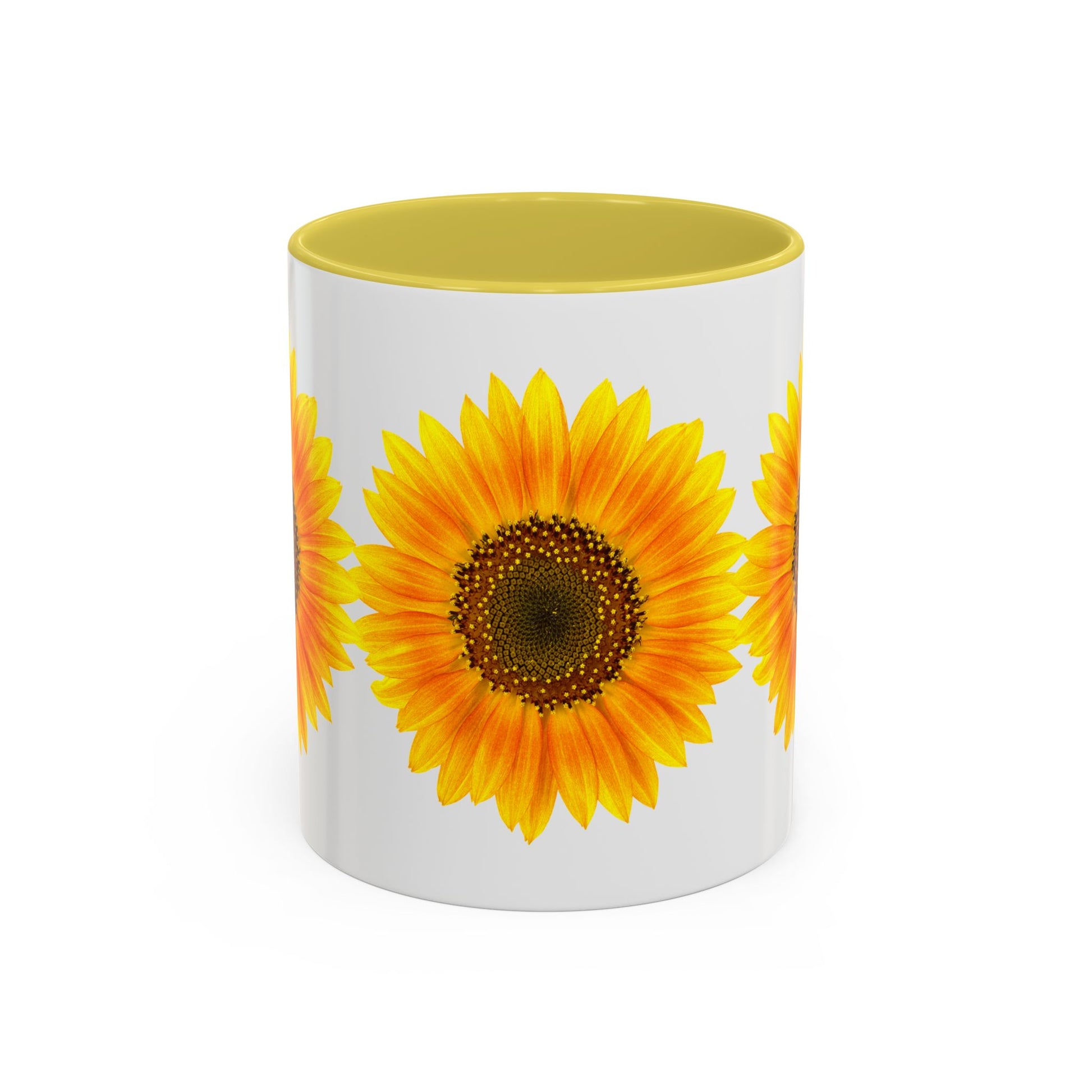Start your day with the Printify Sunflower Coffee Mug: Bright Floral—an 11oz white ceramic cup with a glossy finish, vibrant yellow sunflower design, and cheerful yellow interior.