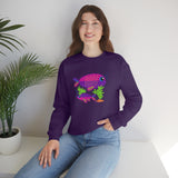Mock up of a woman sitting on a surface while wearing the Purple shirt