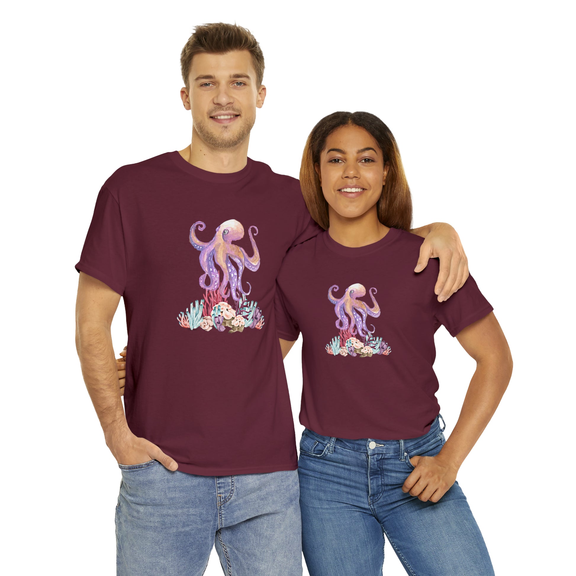 Mock up of a man and a woman wearing the Maroon shirt 