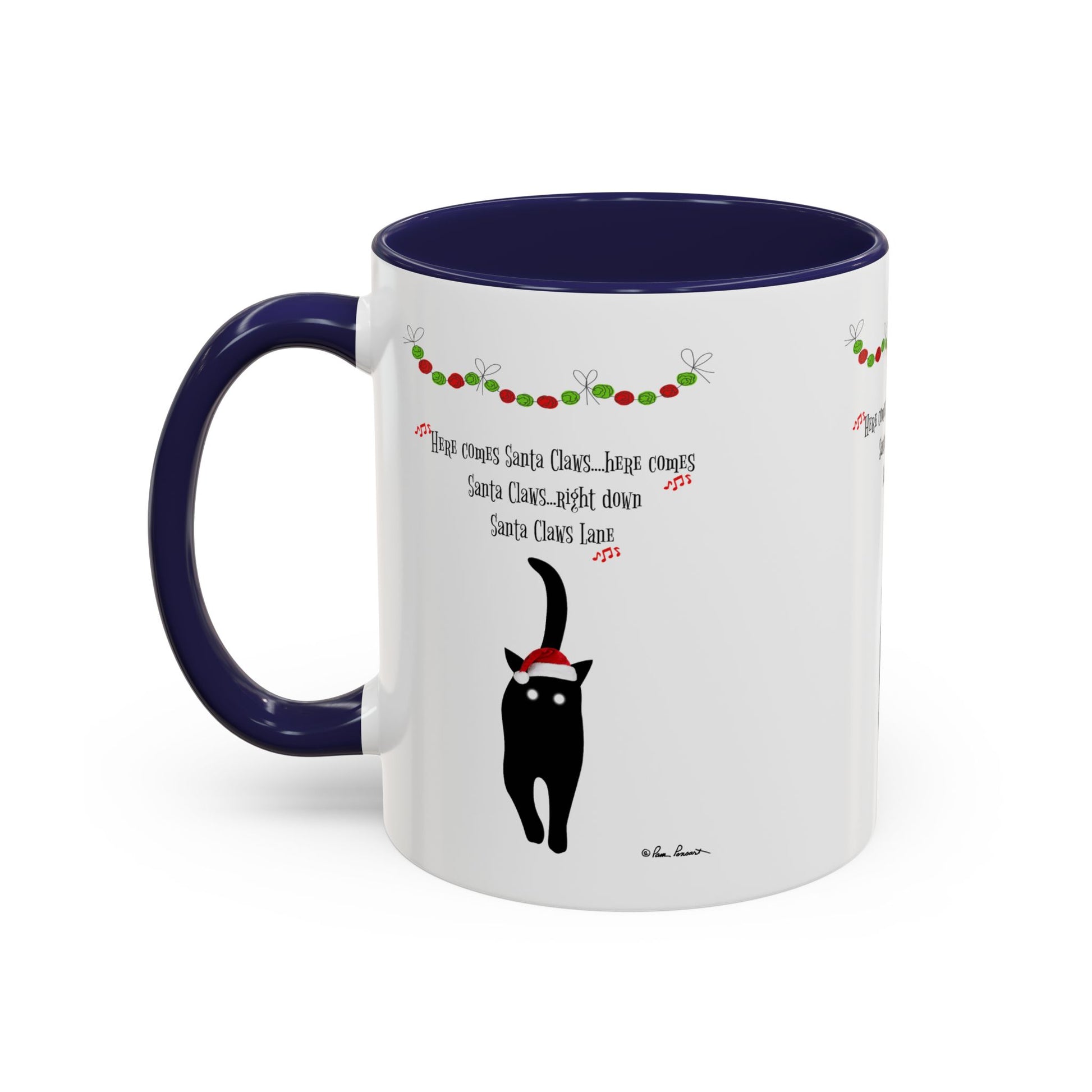 The Printify Festive-Cat Accent Coffee Mug features a black cat in a Santa hat, holiday garland, and the quote "Here comes Santa Claus, right down Santa Claus Lane." A perfect holiday gift for cat lovers!.
