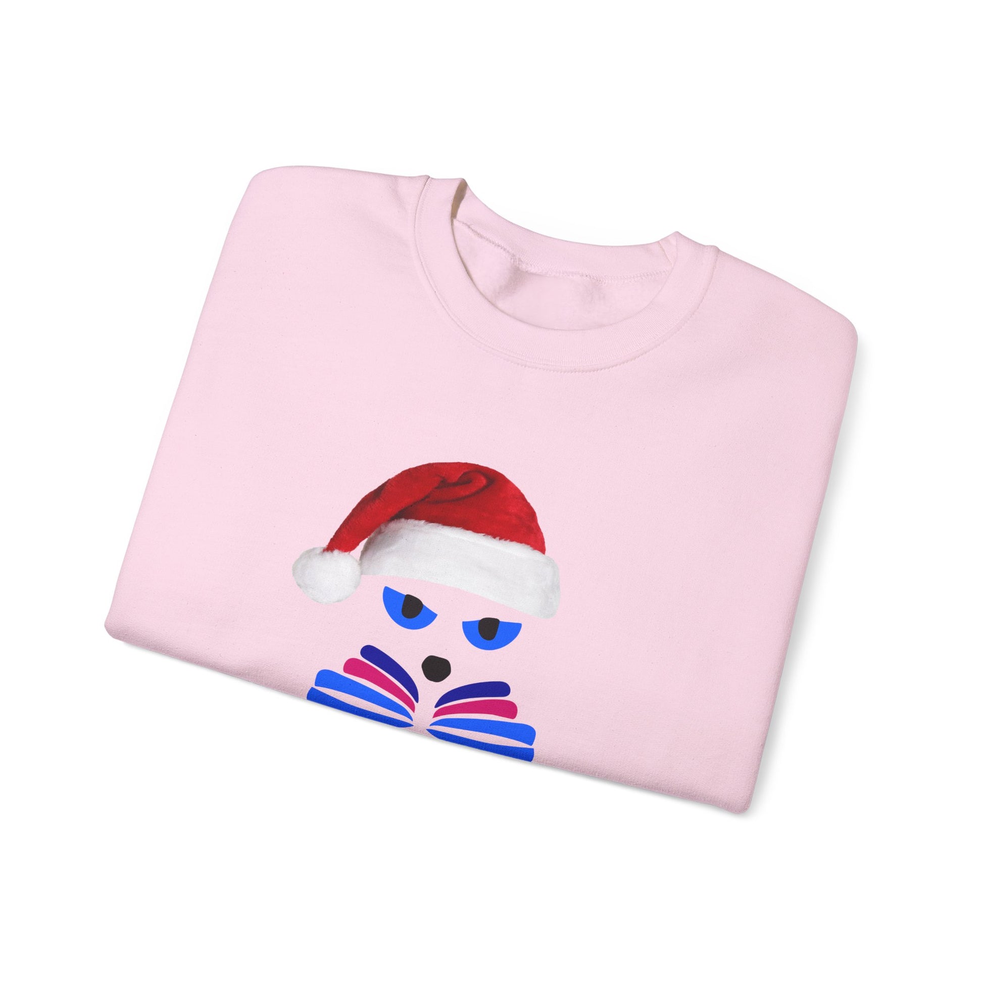 The Printify Santa Cat Sweatshirt is a festive unisex crewneck featuring a stylized cat face with blue eyes, books, and a red Santa hat—perfect for holiday style.