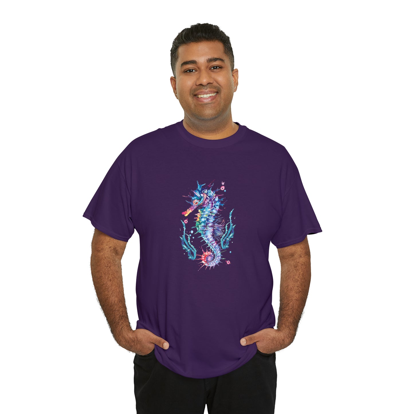 Mock up of a man wearing the Purple shirt