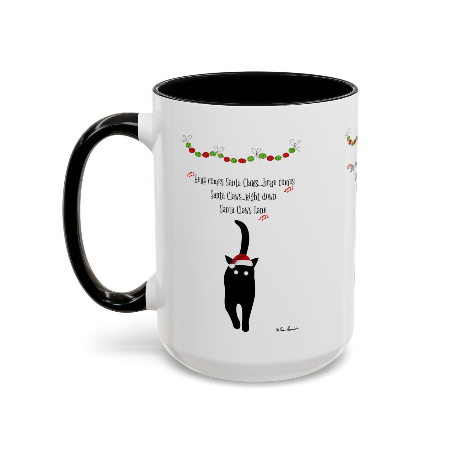 Celebrate the season with the Festive-Cat Accent Coffee Mug: Holiday Gift for Cat-Lovers by Printify! This mug features a black cat in a Santa hat and garland—perfect for holiday coffee and ideal for any animal lover.