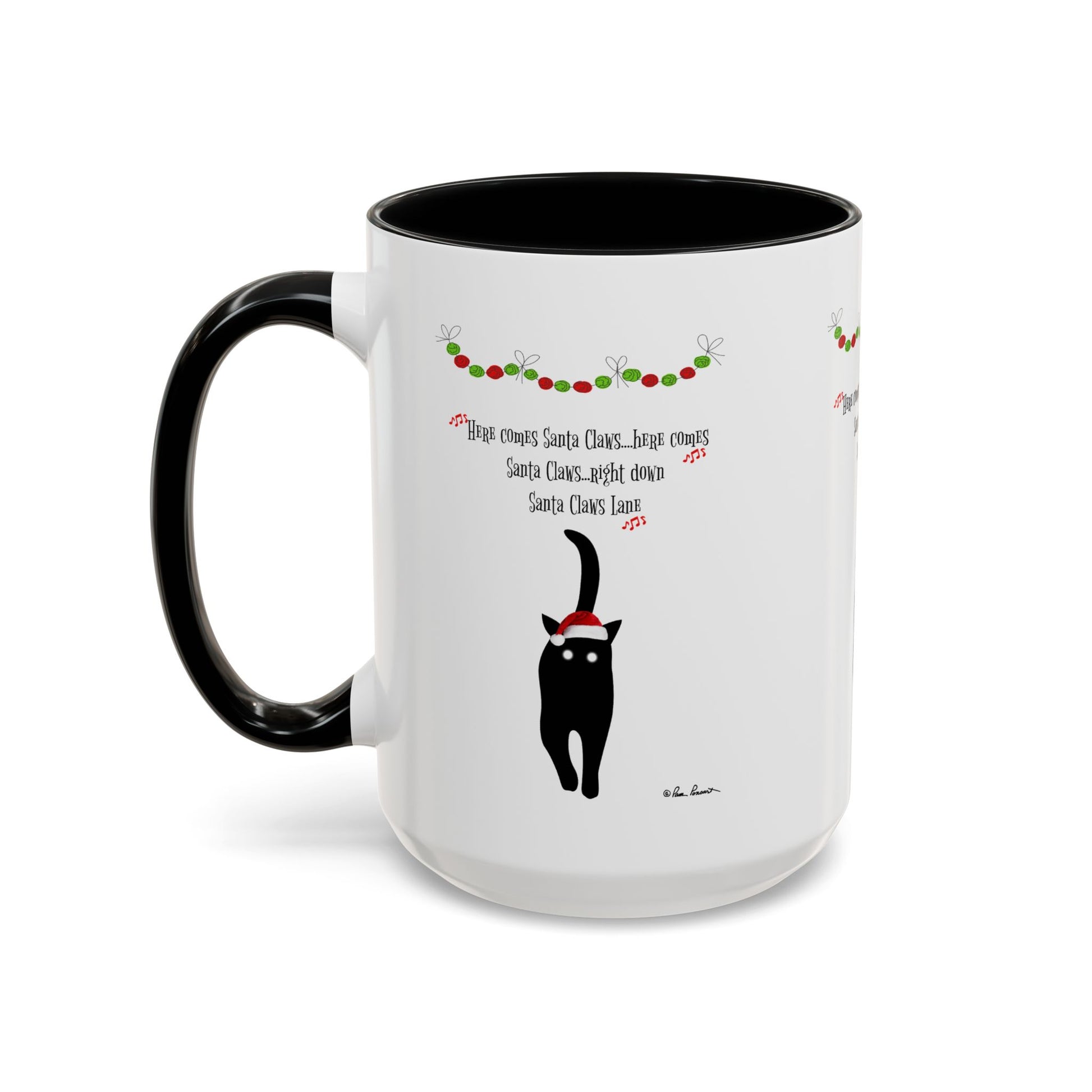 Celebrate the season with the Festive-Cat Accent Coffee Mug: Holiday Gift for Cat-Lovers by Printify! This mug features a black cat in a Santa hat and garland—perfect for holiday coffee and ideal for any animal lover.