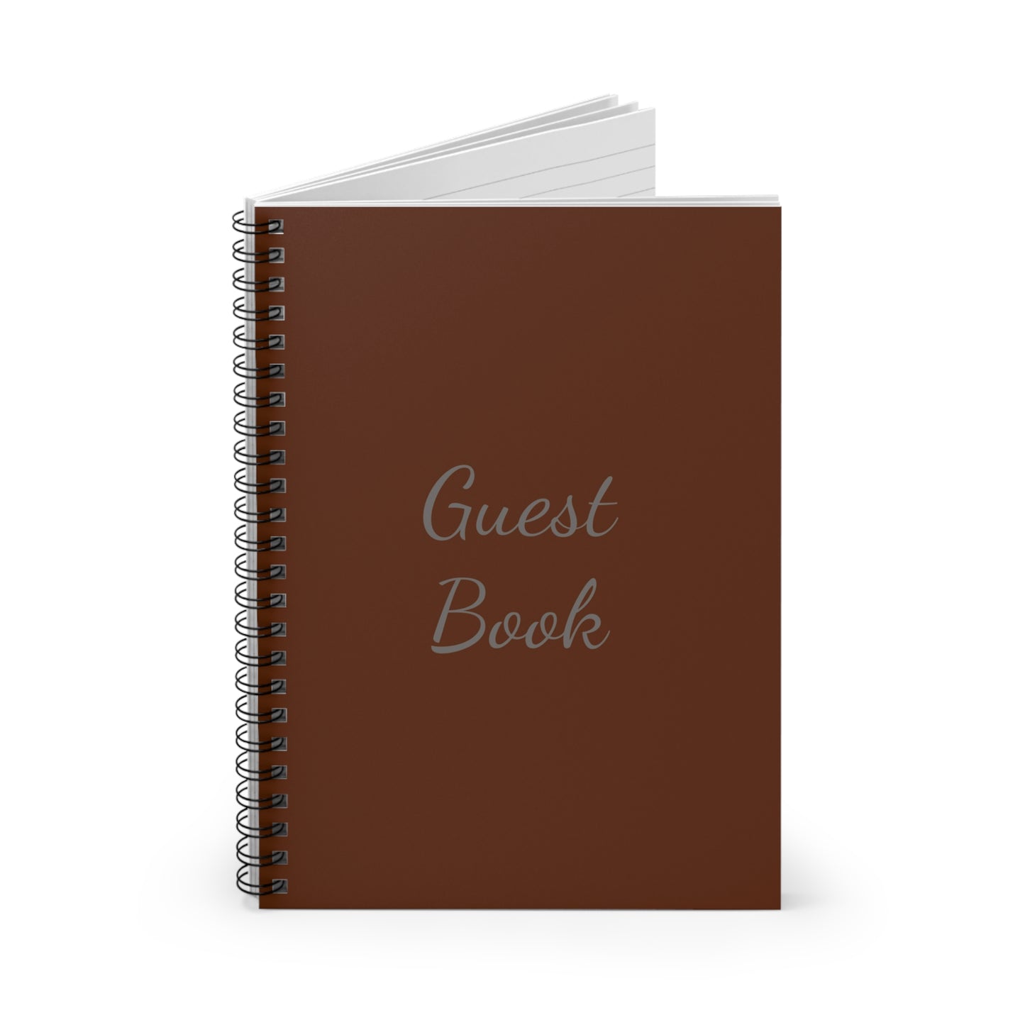 An American-made, brown Printify spiral-bound guest book for wedding receptions with blank pages standing upright against a white background.