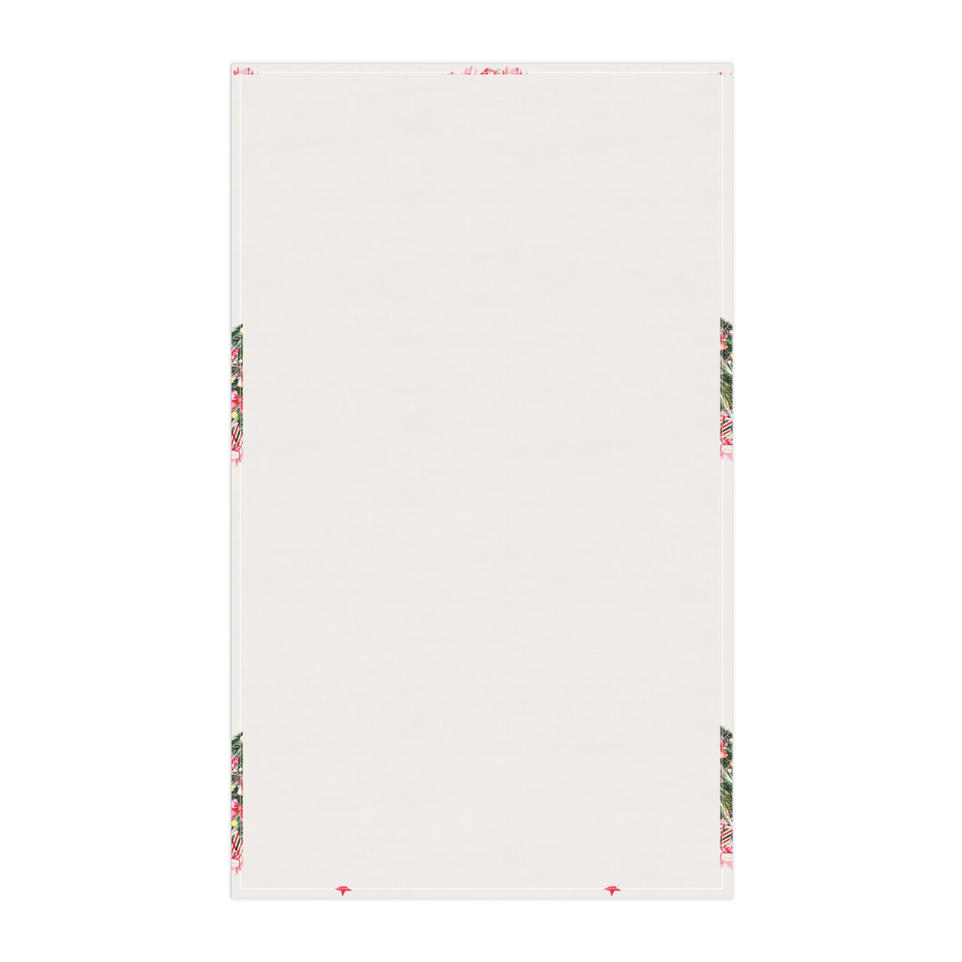 A rectangular kitchen towel featuring floral and green decorative borders on the top and bottom edges captures the vibrant colors of the holiday season.