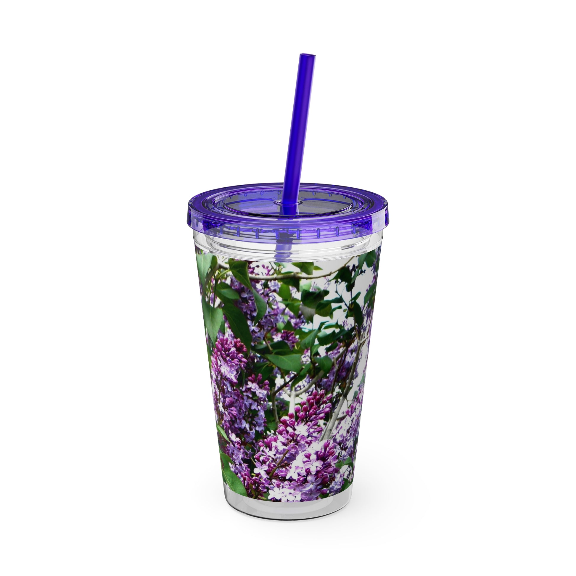 A Printify Purple Lilacs tumbler with a purple straw and purple lilacs.
