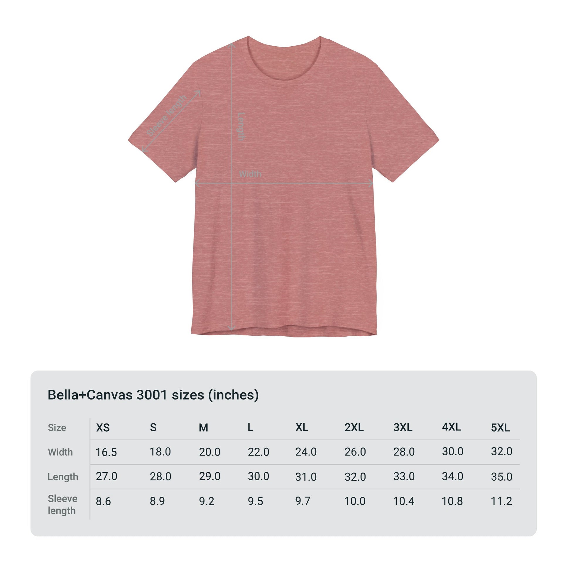 A pink Printify Voting Women's T-shirt displayed flat, annotated with four measurements, accompanied by a sizing chart for the Bella + Canvas 3001 model ranging from XS to 5XL.