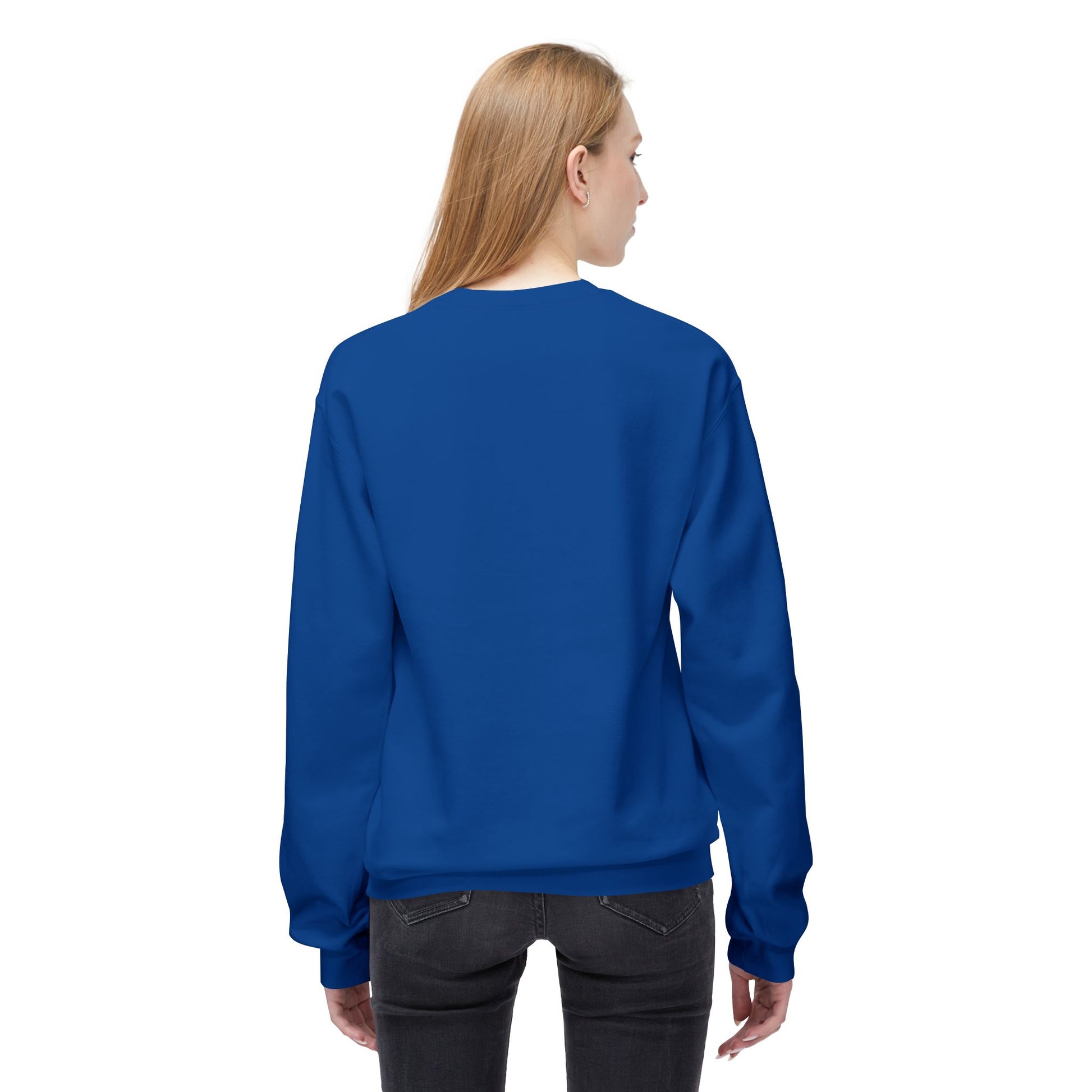 A person with long blond hair, seen from the back against a white background, wears a Printify Cat Face Crewneck Sweatshirt: Abstract Red & Blue Kitty and black jeans.