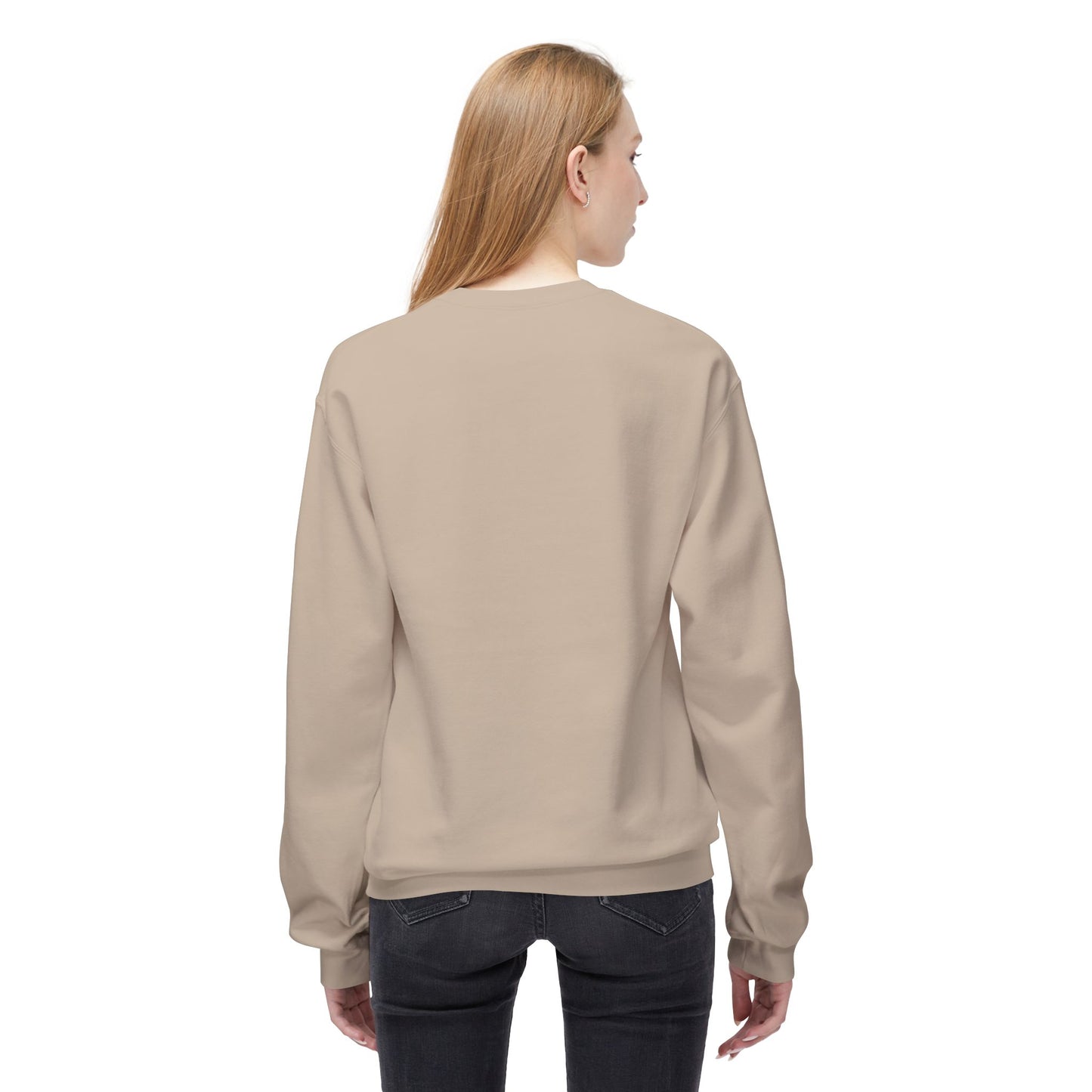 A person with long blonde hair is shown from the back wearing the Printify Holiday Cat Crewneck Sweatshirt, a unisex, festive, and playful pullover, paired with dark jeans against a white background.