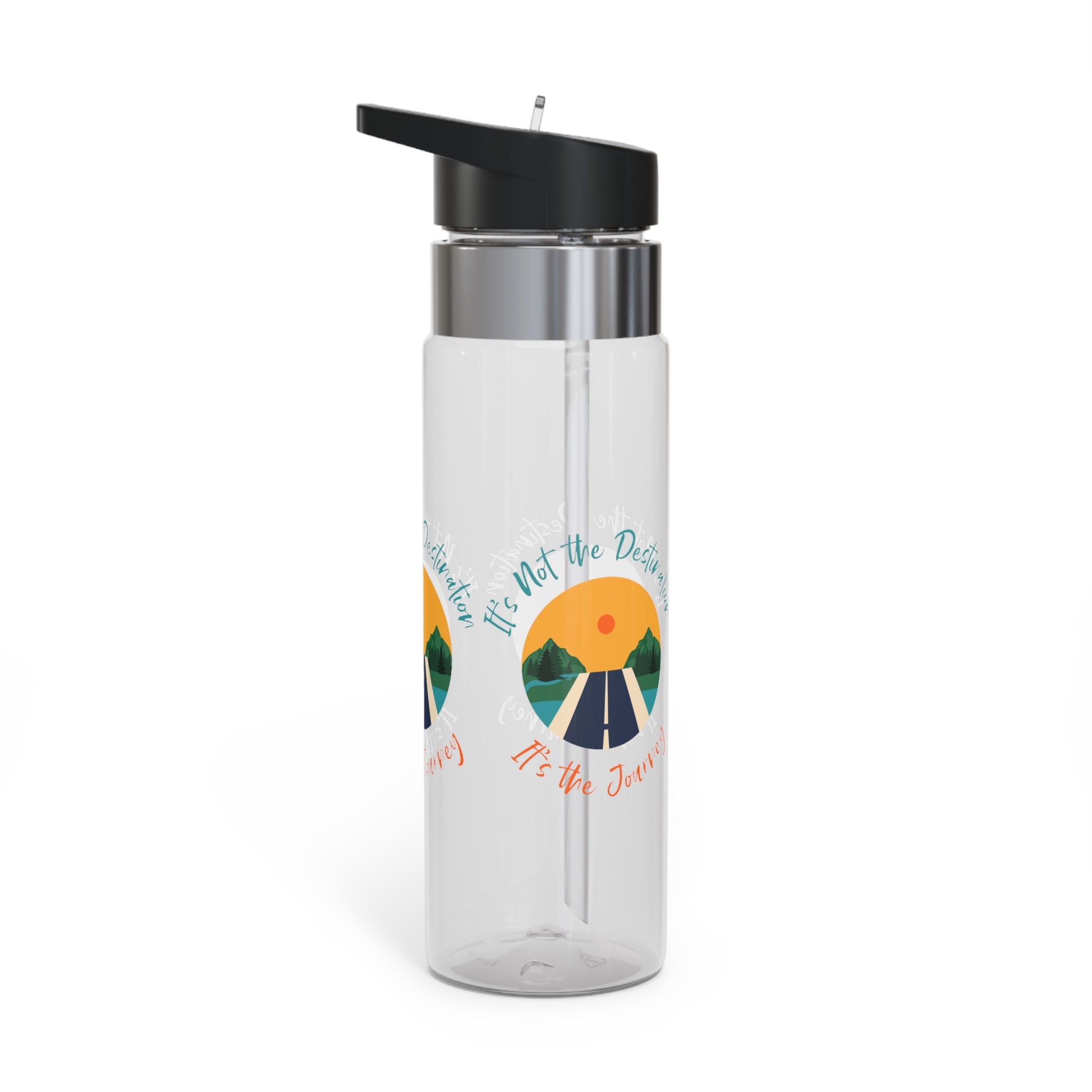 A clear Kensington Tritan™ water bottle with a black flip-top lid and printed design featuring floral graphics and the inspirational phrase, "it's not the destination, it's the journey.