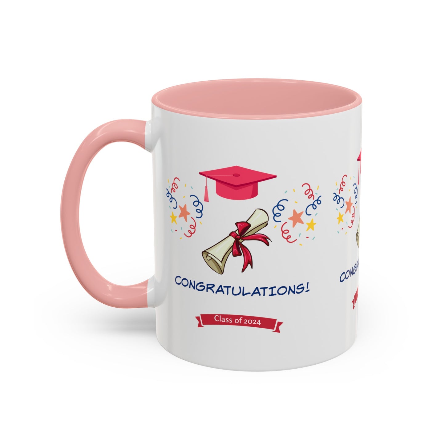 This American-made Printify 2024 Congratulations Mug: Graduation; 11 oz.; 2 Colors features a pink handle and interior, along with a lively "Congratulations Class of 2024" design. Adorned with a graduation cap, diploma, and confetti graphics, this custom mug is perfect for celebrating your special milestone.