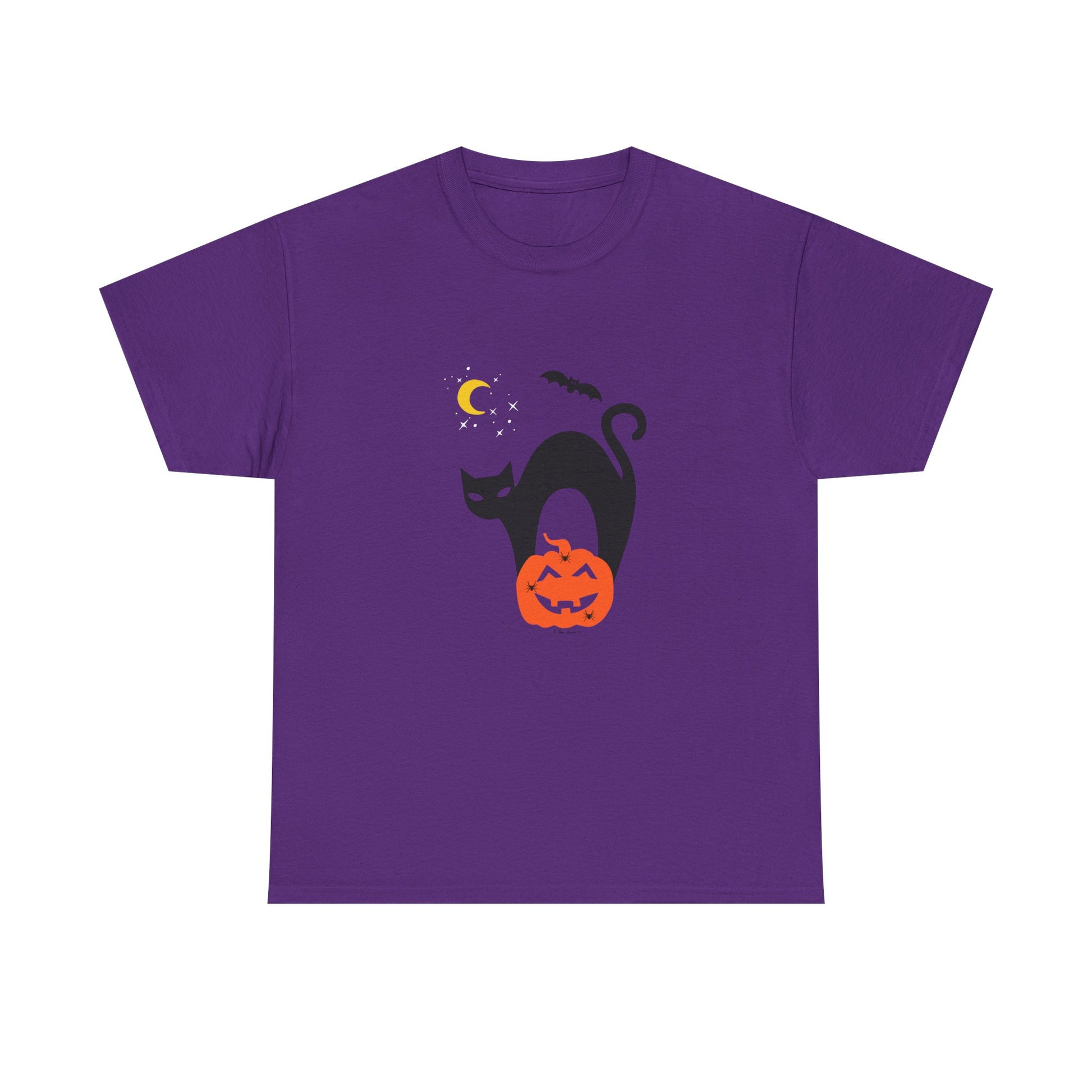 The Black Cat Halloween T-shirt by Printify features a spooky black cat, jack-o’-lantern, bat, and crescent moon on purple cotton—perfect for any cat lover's Halloween collection!.