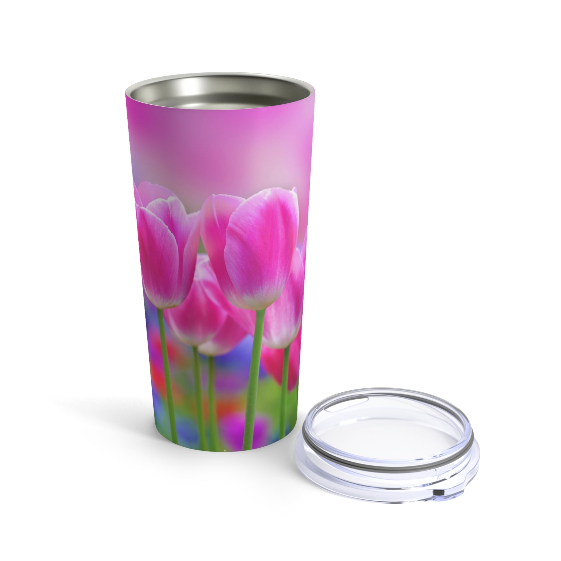 A purple tulips tumbler with a dishwasher-safe lid from Printify.