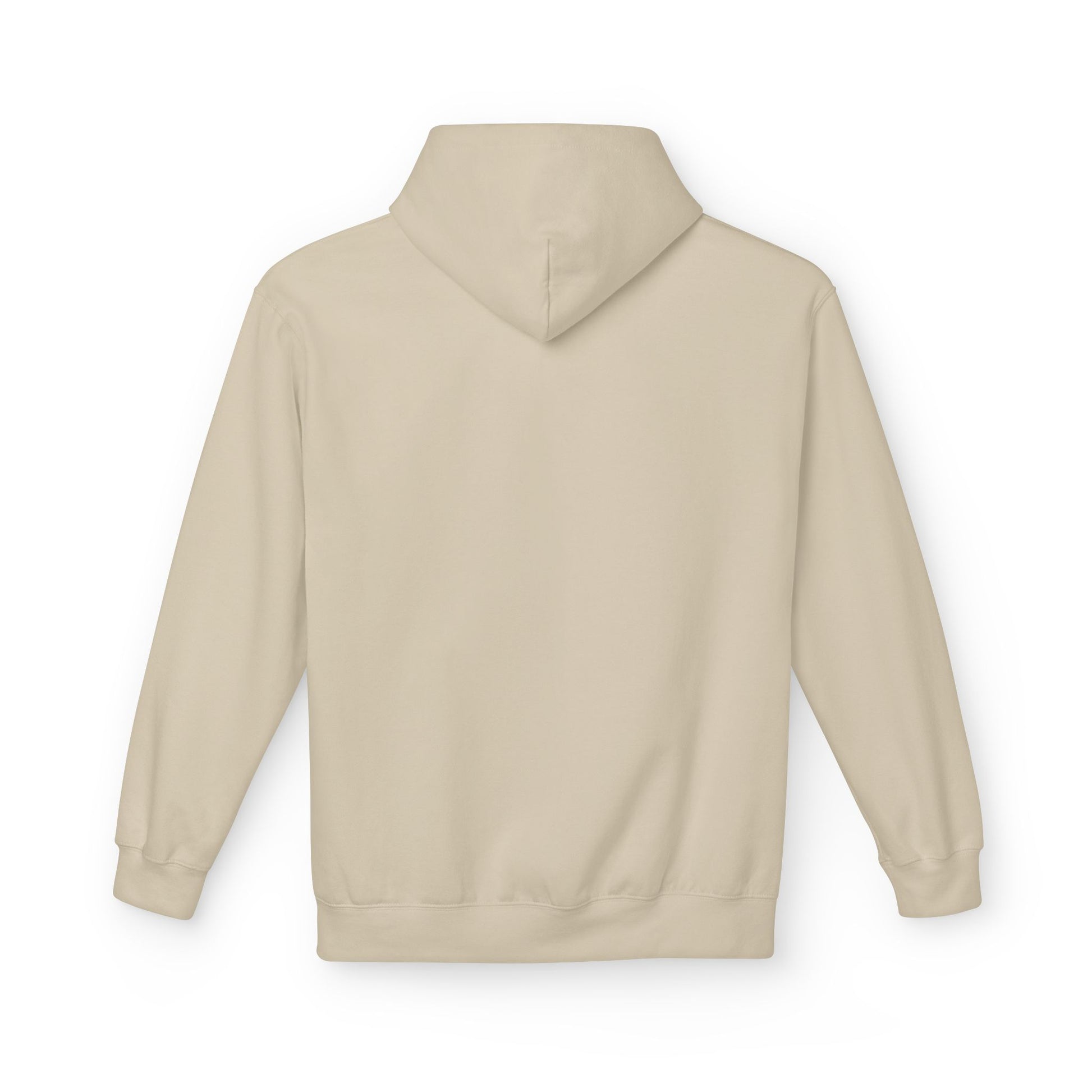The Kiss-Me I'm Irish Hoodie by Printify, shown from the back in beige, features long sleeves, ribbed cuffs, and a plain design—ideal as a subtle base for your St. Patrick's Day look.