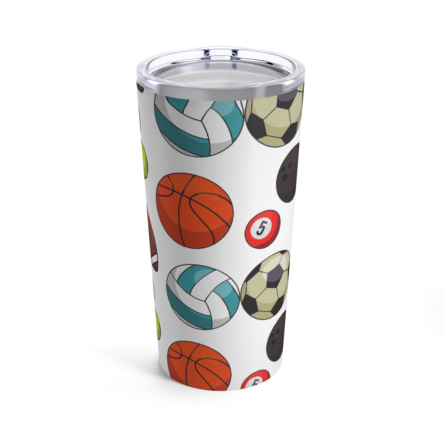 A Printify Sport Balls Tumbler; 20 oz.; Stainless Steel; Insulated, which is dishwasher-safe.