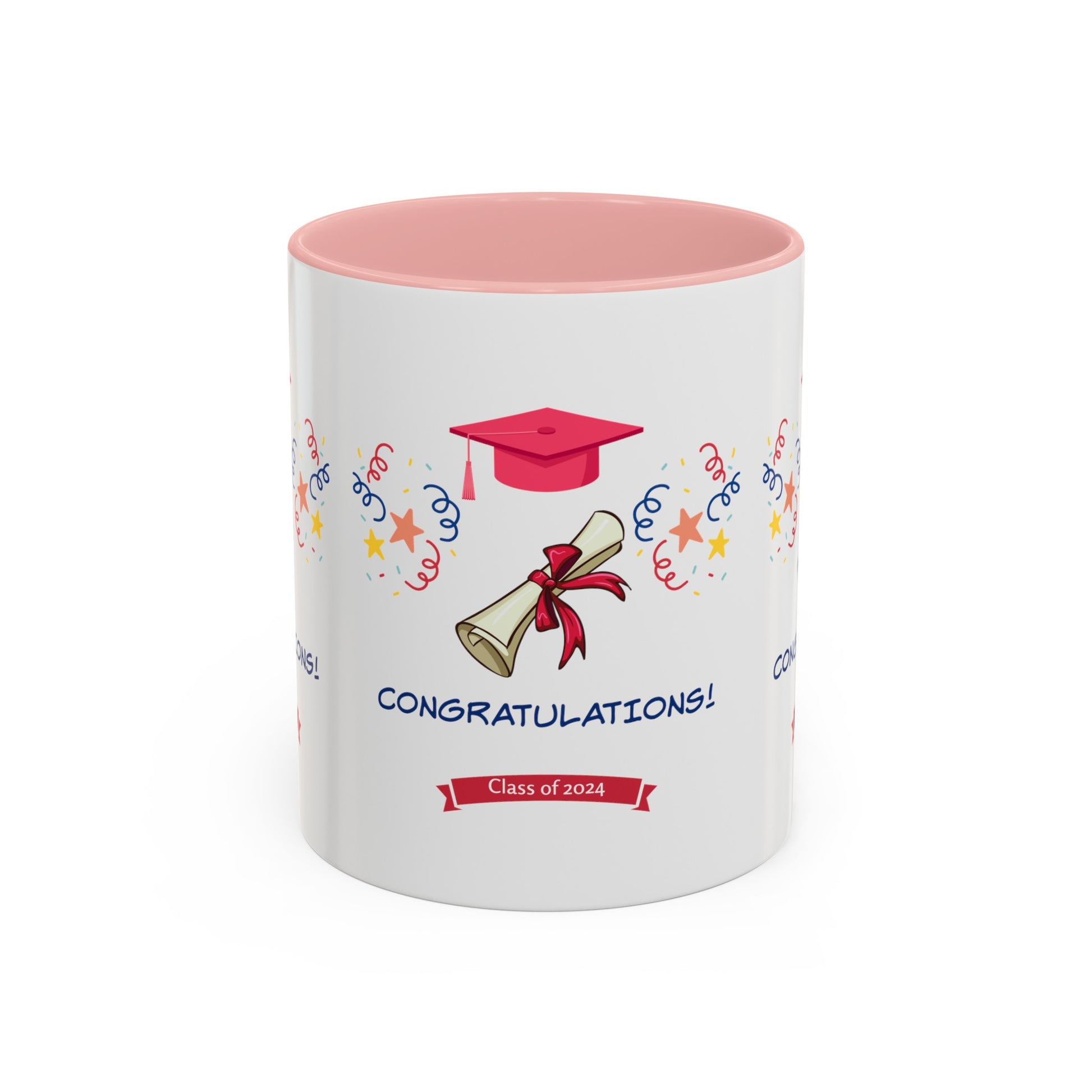 A white mug with a pink interior proudly displays "Congratulations! Class of 2024," surrounded by festive decorations including a graduation cap, diploma scroll, and colorful streamers. This Printify 2024 Congratulations Mug: Graduation; 11 oz.; 2 Colors is the perfect way to celebrate your achievement.