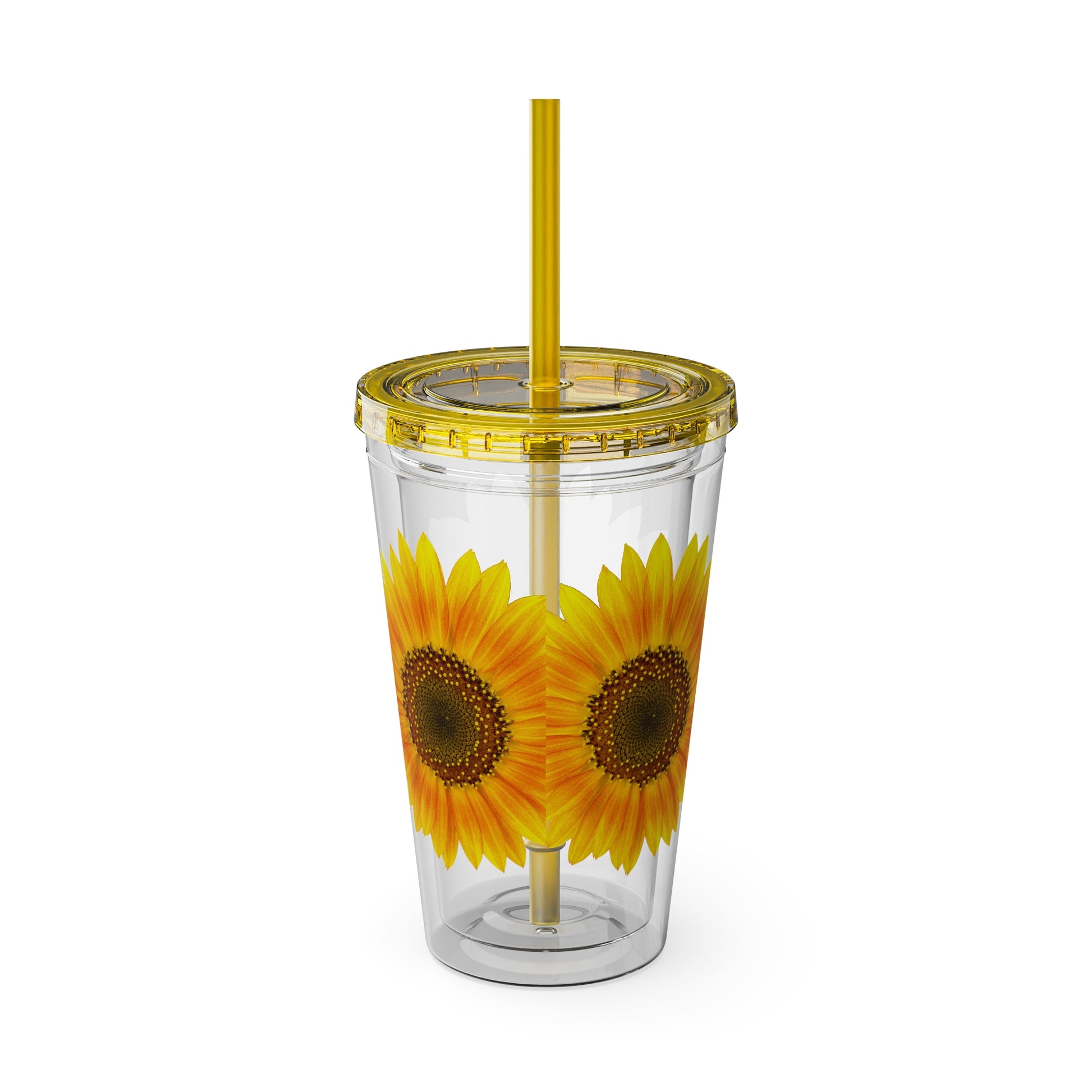 Sentence with product name and brand name: A Golden Sunflower Tumbler from Printify: 16 oz.; With straw & lid; Acrylic