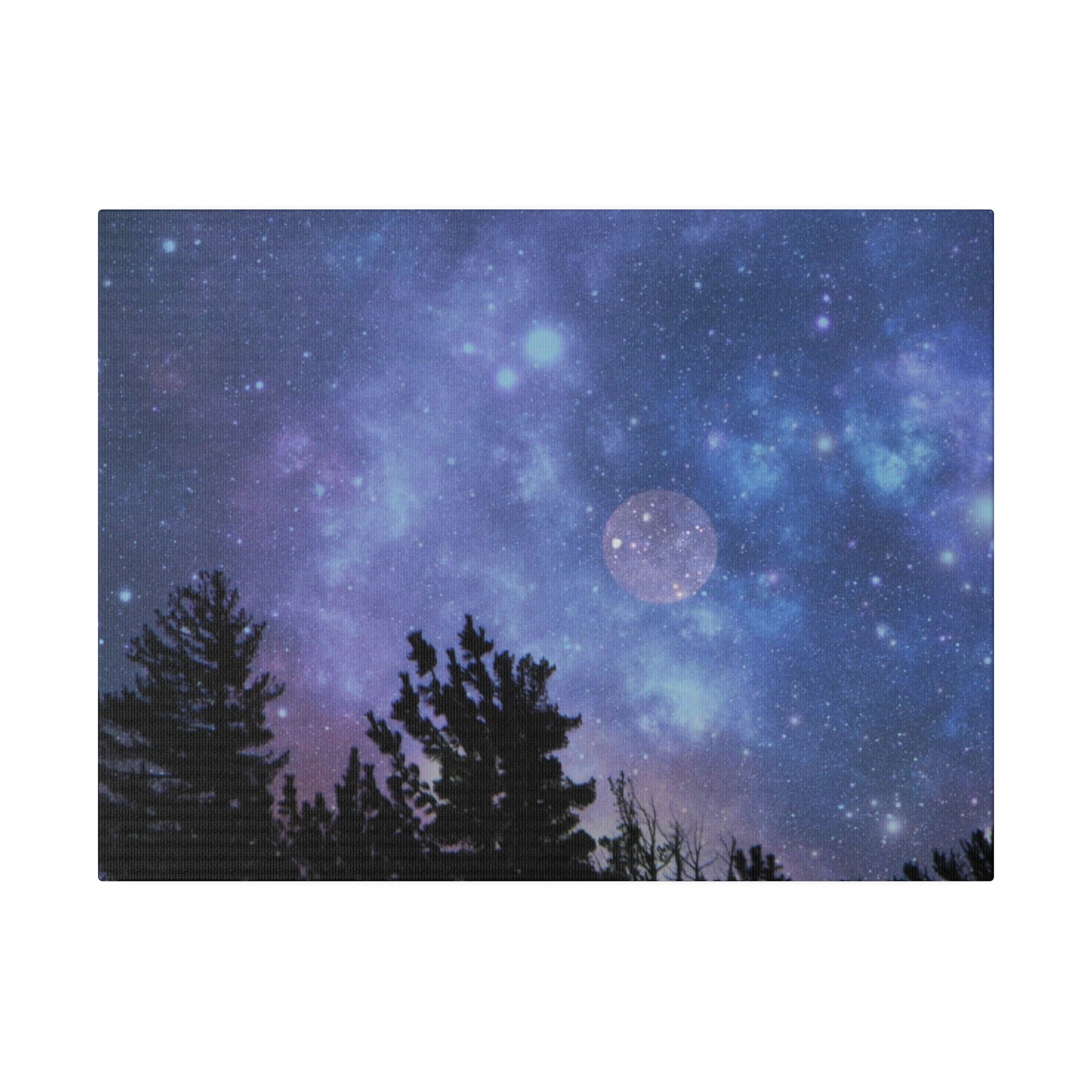 A starry night sky with a full moon and silhouettes of pine trees, framed by a Printify Blue-Moon Matte Canvas in 3 sizes; Stretched, 0.75"; Photo.