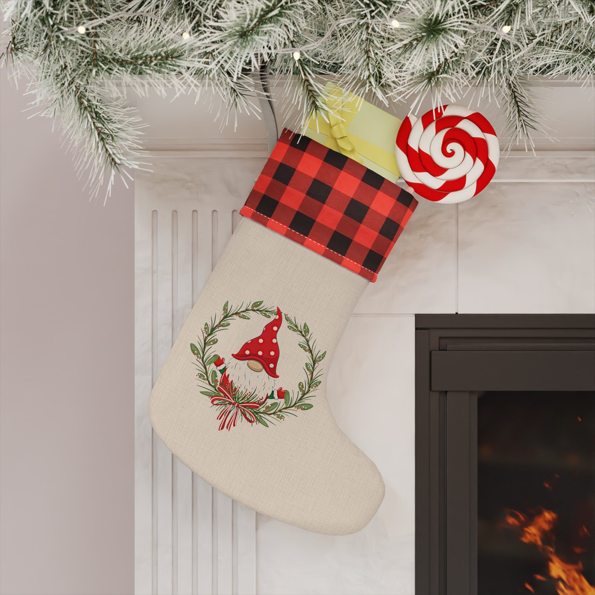 A Printify Holiday-Gnome Christmas Stocking hangs on the fireplace.