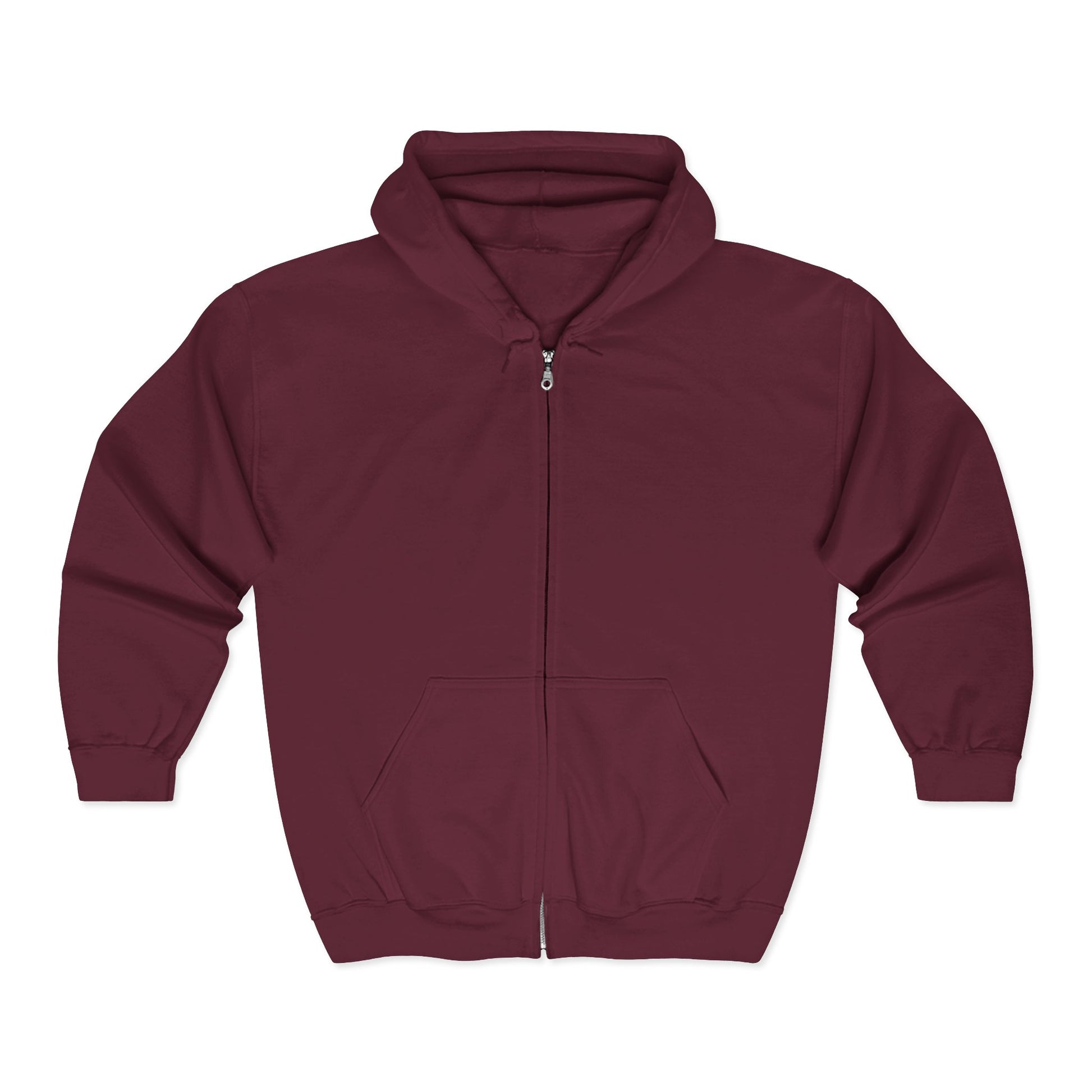 The Printify Unisex Sunflower Zip Hoodie, a maroon full-zip sweatshirt for women and men with a hood, front pockets, and ribbed cuffs and hem, is shown laid flat on a white background.