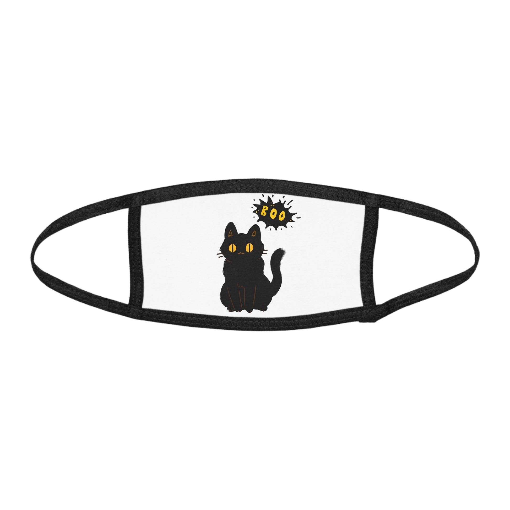Printify's Adorable Kids' Black-Cat Face-Mask features a cute cartoon cat with yellow eyes and a "Boo" speech bubble—perfect for Halloween costumes or daily wear.