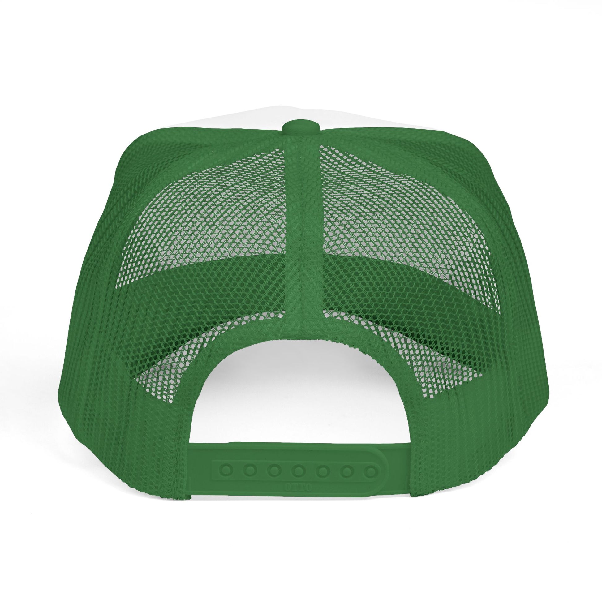 Back view of the "Vintage Trucker Hat: Courage is Contagious Logo | Mesh Cap" by Printify, featuring a green mesh back and adjustable snapback closure in a classic vintage trucker style.