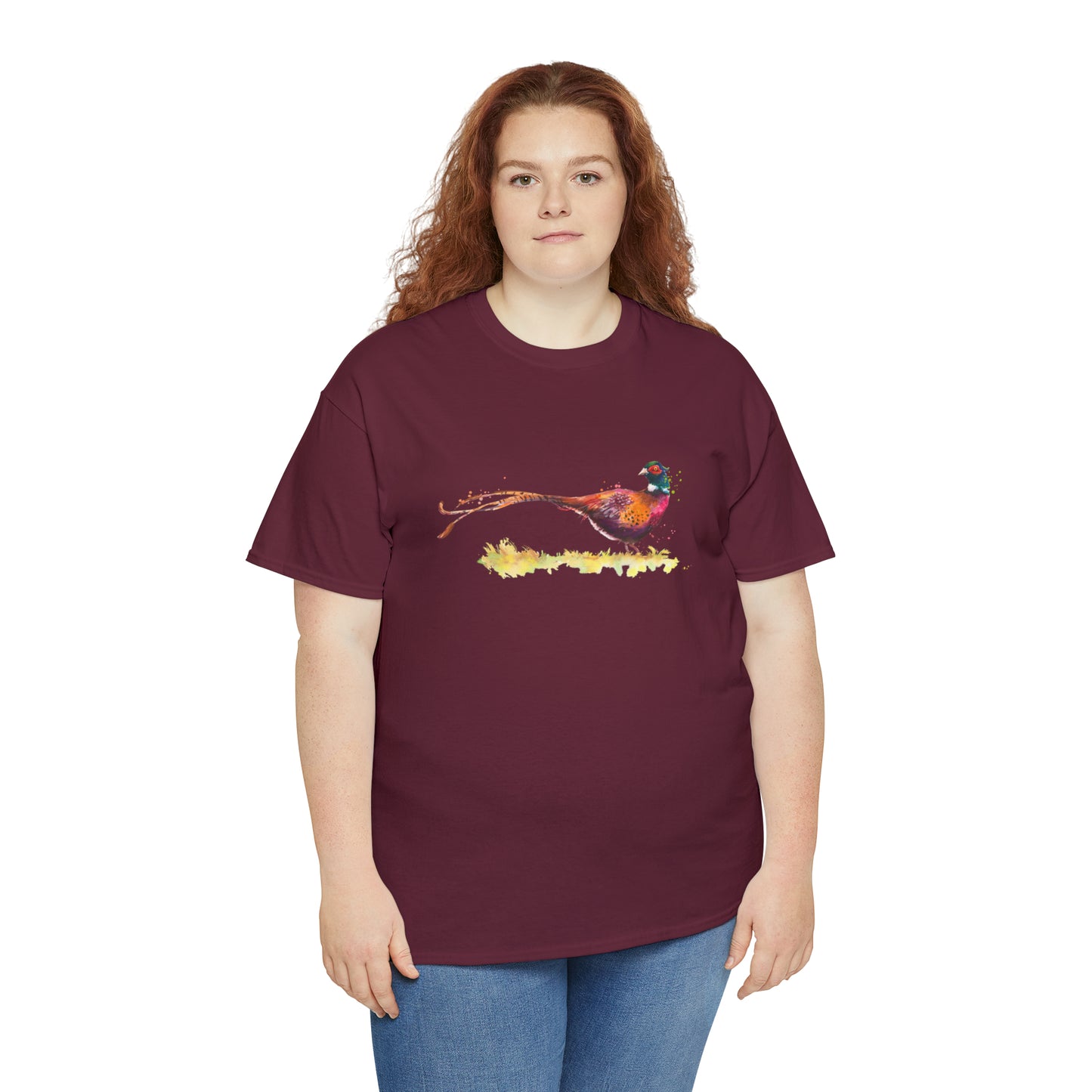 Mock up of a plus-size woman wearing the Maroon shirt