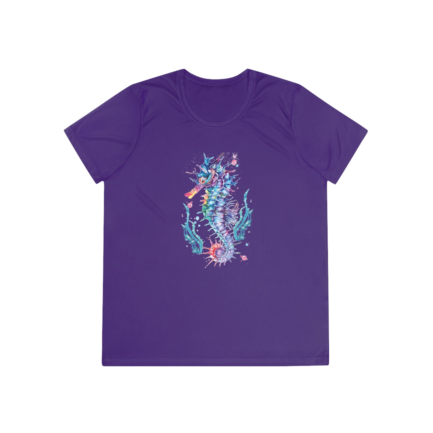 A Printify Sport Tek 350 Moisture-wicking Ladies T-shirt: Seashorse featuring a colorful seahorse graphic design in the center, boasting a feminine fit and made with Sport Tek fabric for optimal comfort.