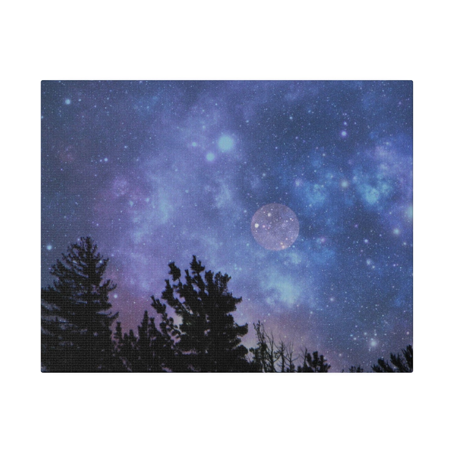 A night sky filled with stars and nebulae above silhouetted trees, depicted on a Printify Blue-Moon Matte Canvas.